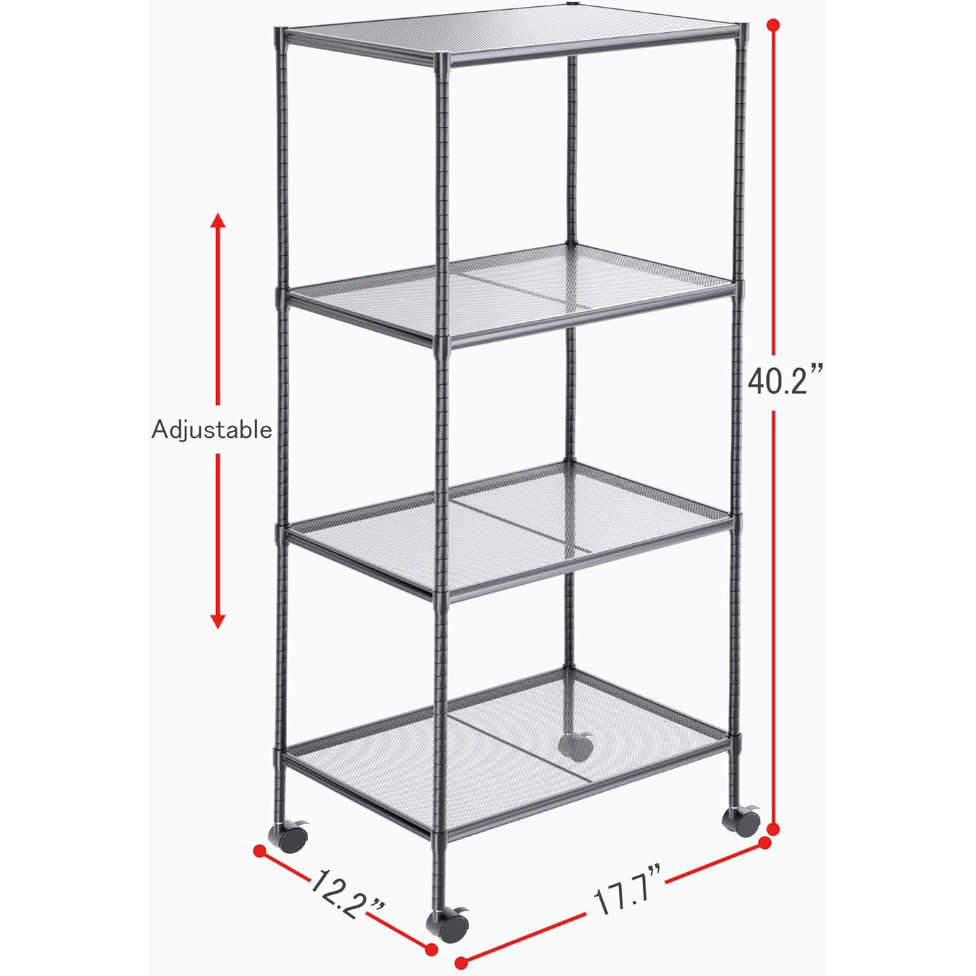 OVICAR 4-Tier Adjustable Wire Storage Rack w/ Wheels, Steel Shelf Organizer