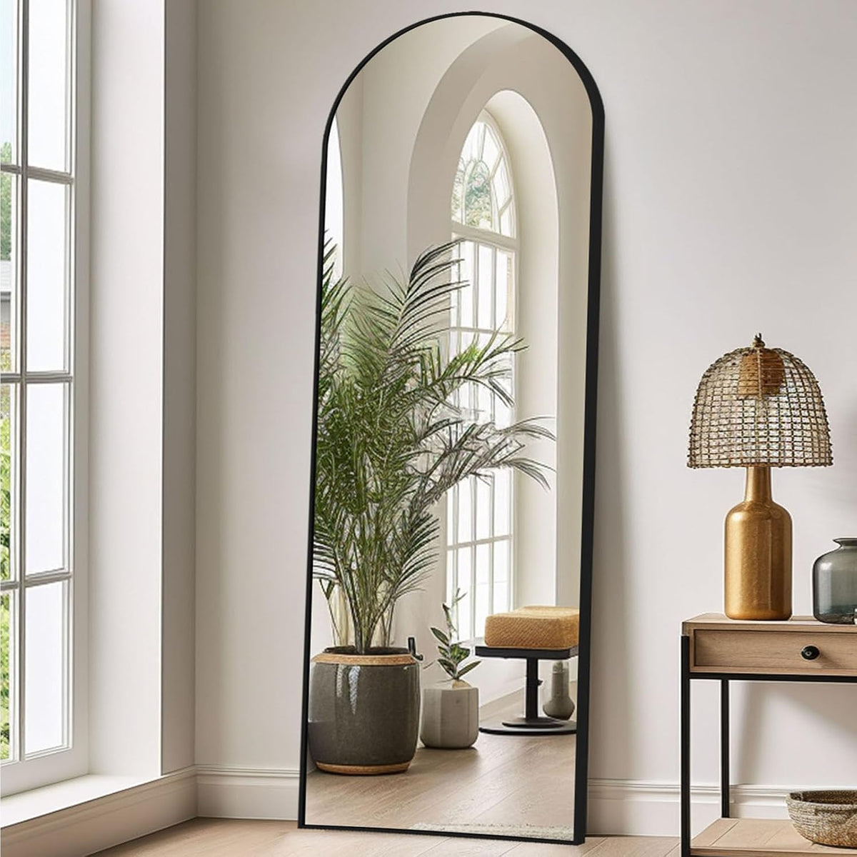 Full Length Mirror 147x44cm Arched Black Frame Freestanding Floor Wall Mirror