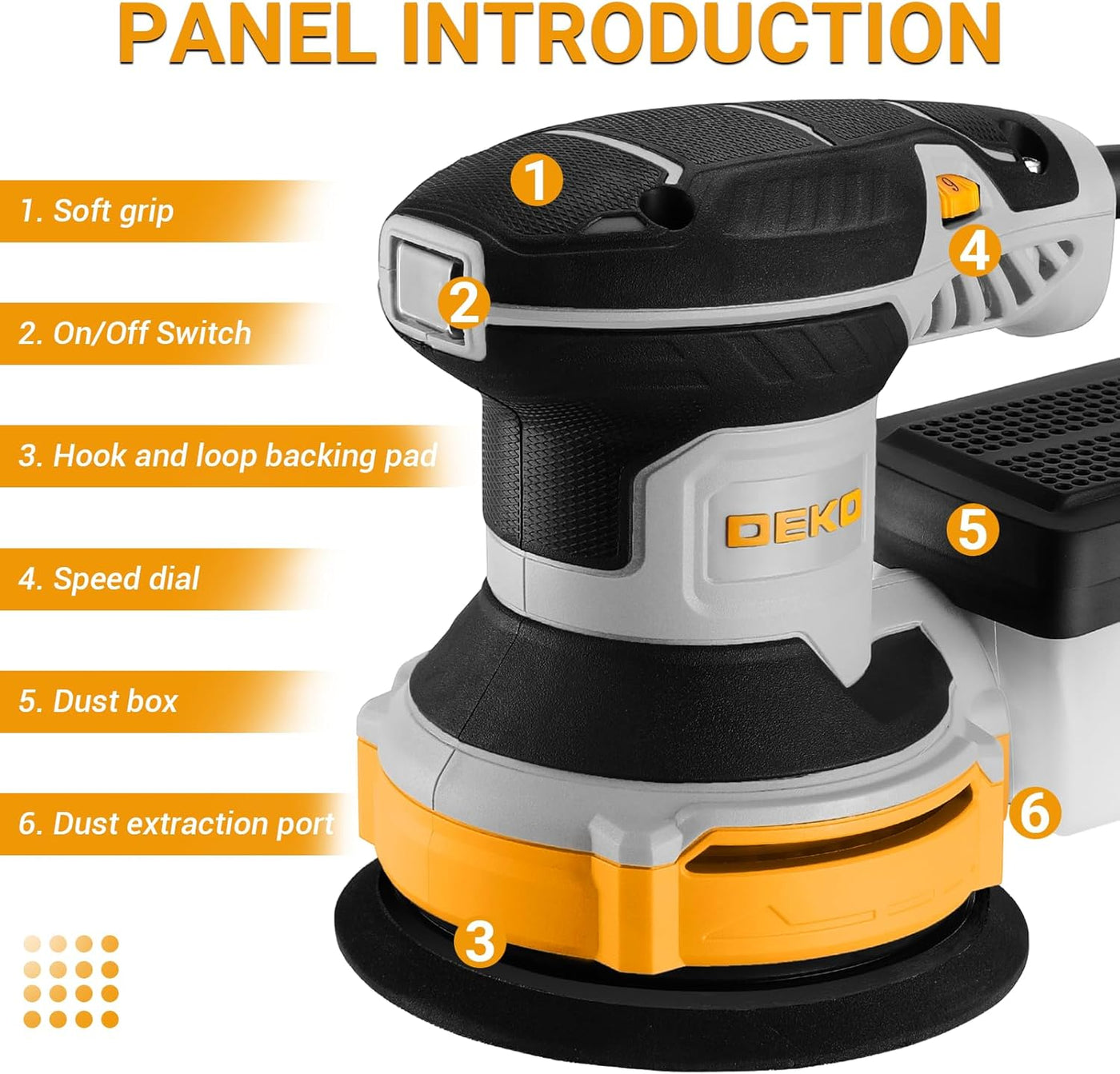 Random Orbit Sander 300W 125mm Variable Speed 14000RPM DEKOPRO Electric