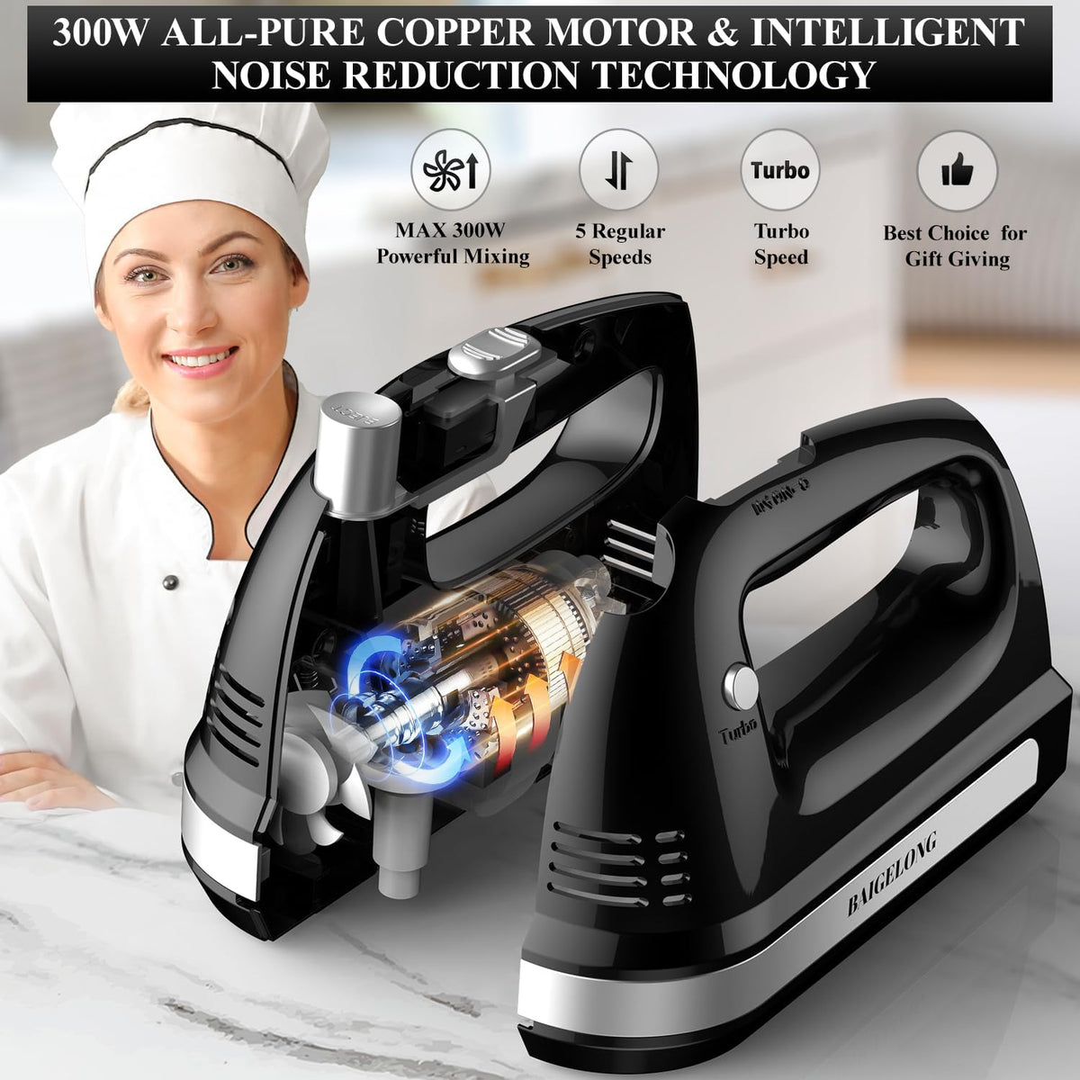 Electric Hand Mixer 300W 5 Speed Turbo Stainless Steel Attachments BAIGELONG Black