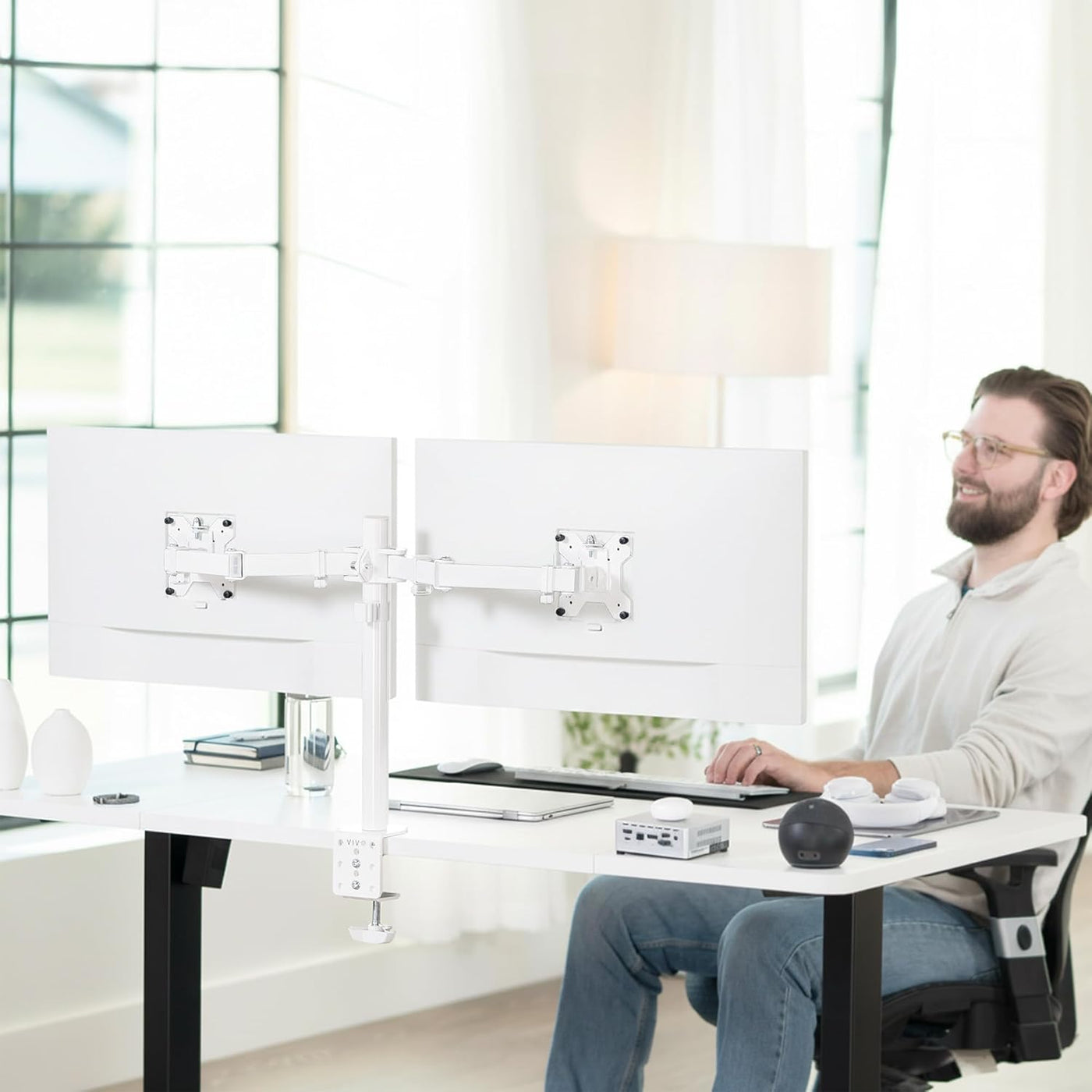 Dual Monitor Desk Mount 13-27 Inch Heavy Duty Adjustable White VIVO
