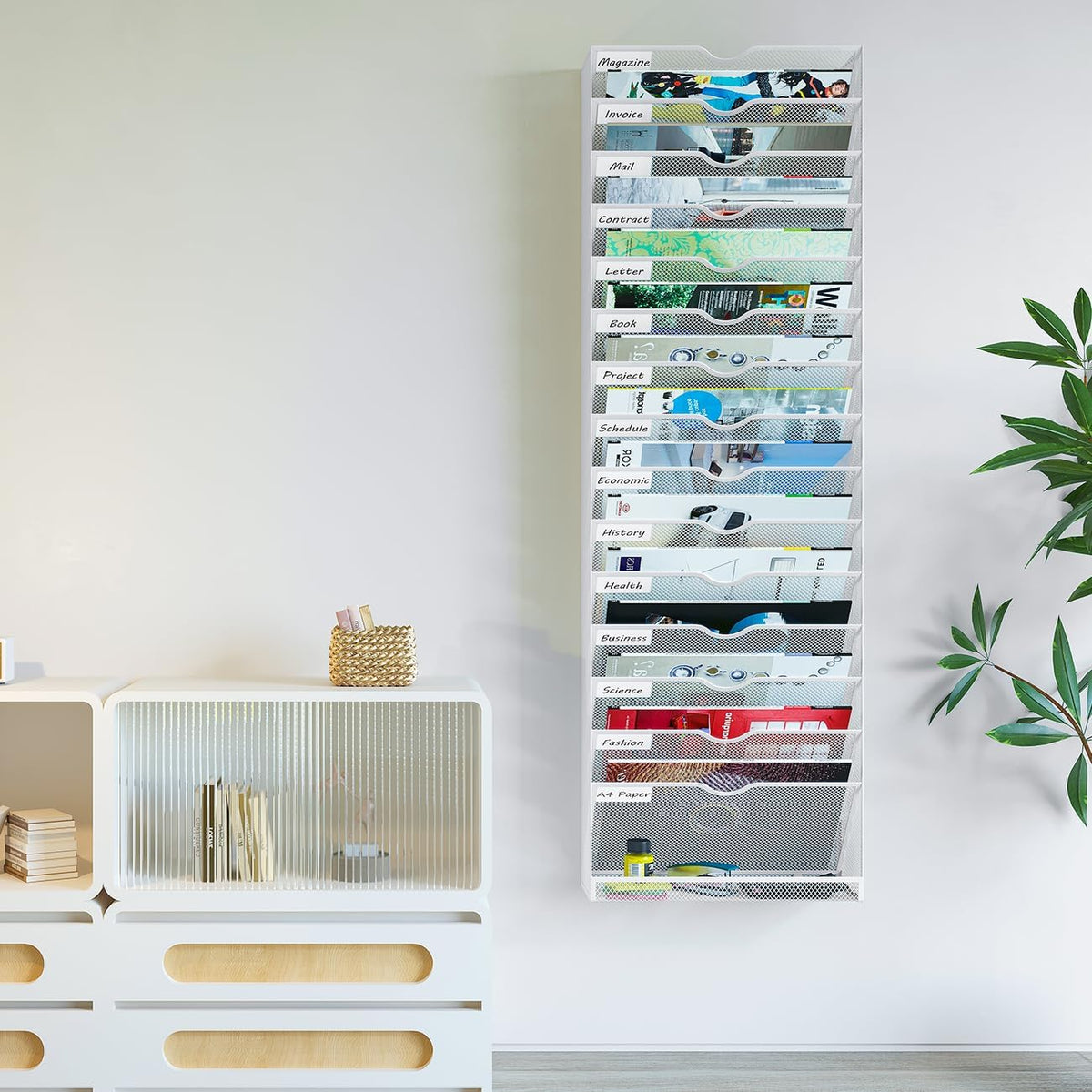Wall Magazine File Organizer 16 Tier A4 Document Holder White Office Storage Rack