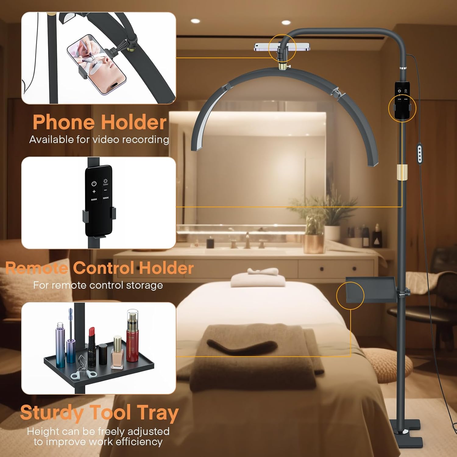 Lmaqfum 29'' Foldable LED Floor Lamp with Phone Holder & Tray for Beauty