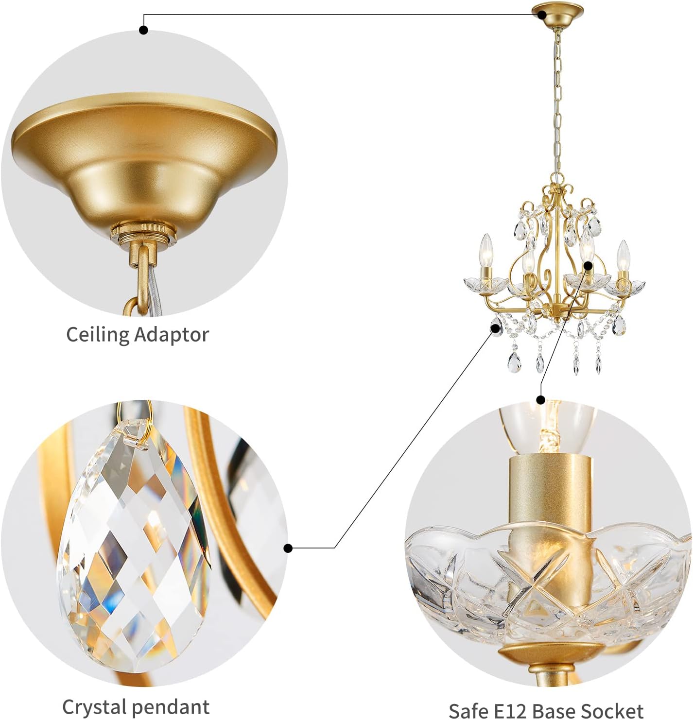 WUZUPS Gold Crystal Candle Chandelier Flush Mount Ceiling Light E14, H36 x W41cm