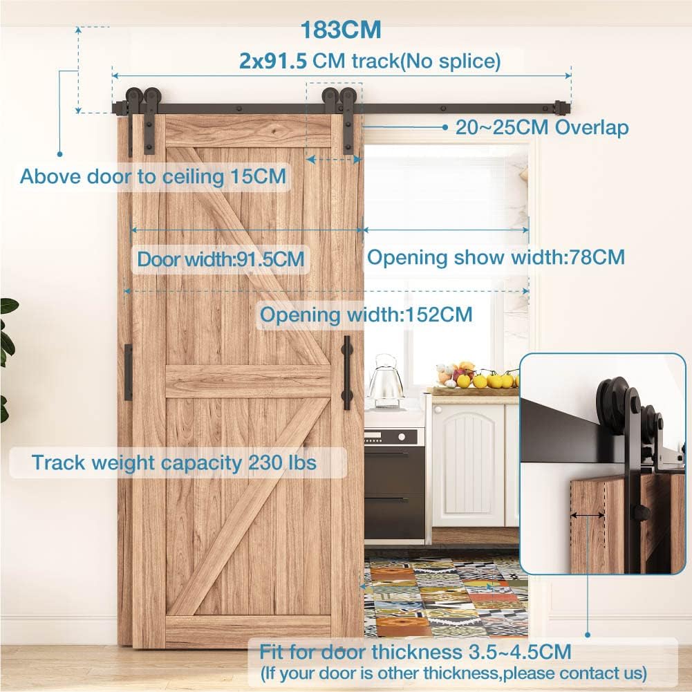 Wooden sliding barn door with measurement details in a home setting