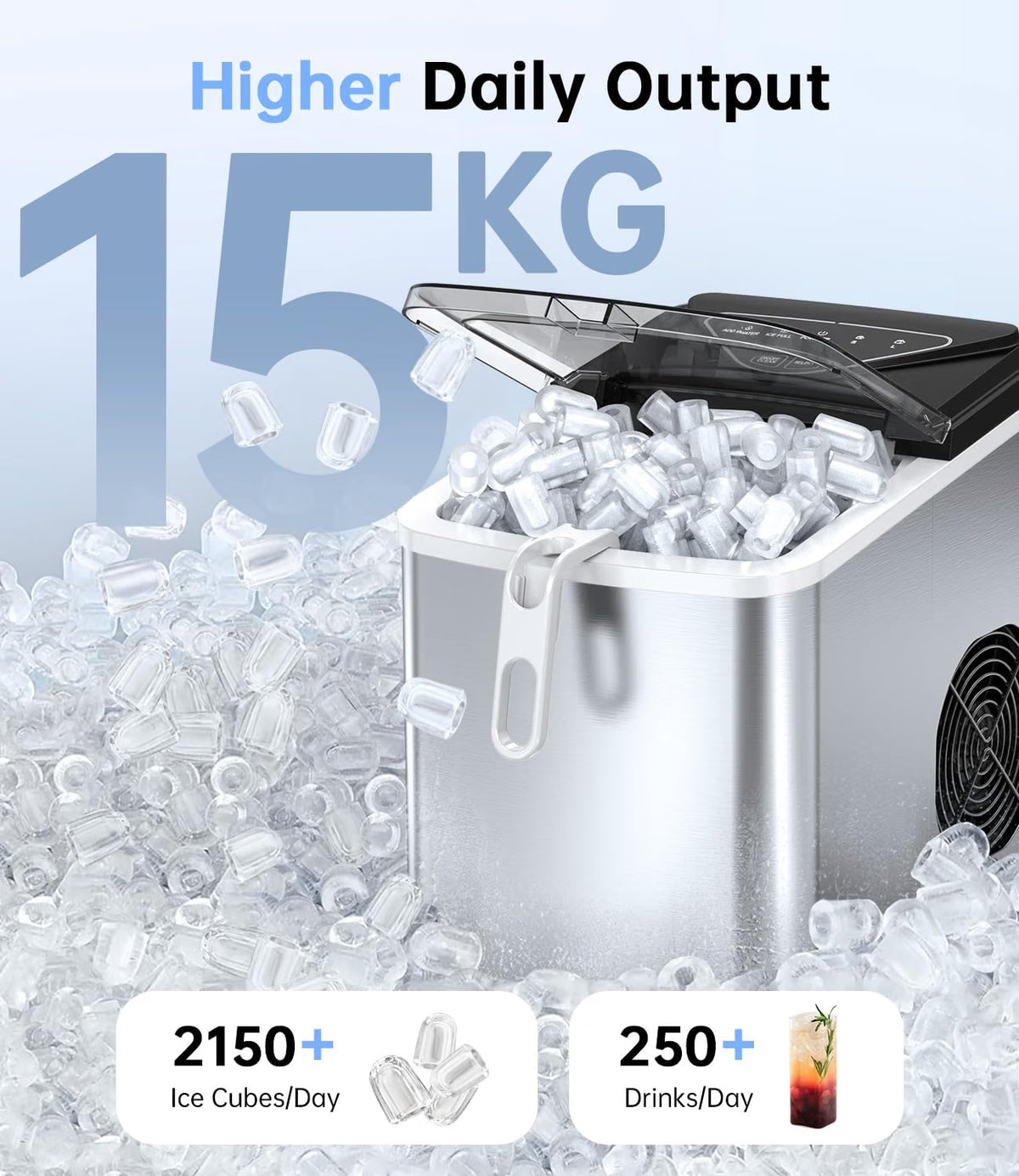 Ice Maker Machine 15KG/24H 6 Min Fast Ice 2L Water Tank Countertop WIE Portable