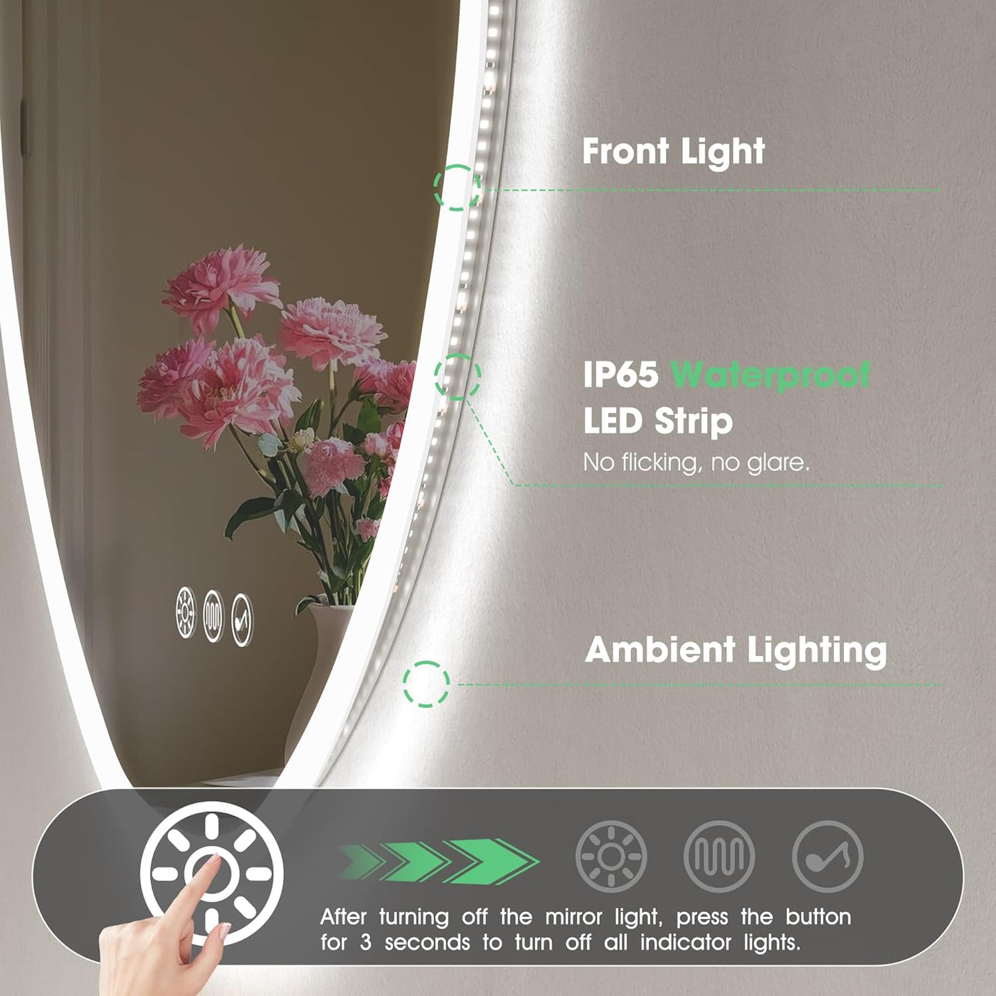Smart mirror with front light, IP65 waterproof LED strip, and ambient lighting features.