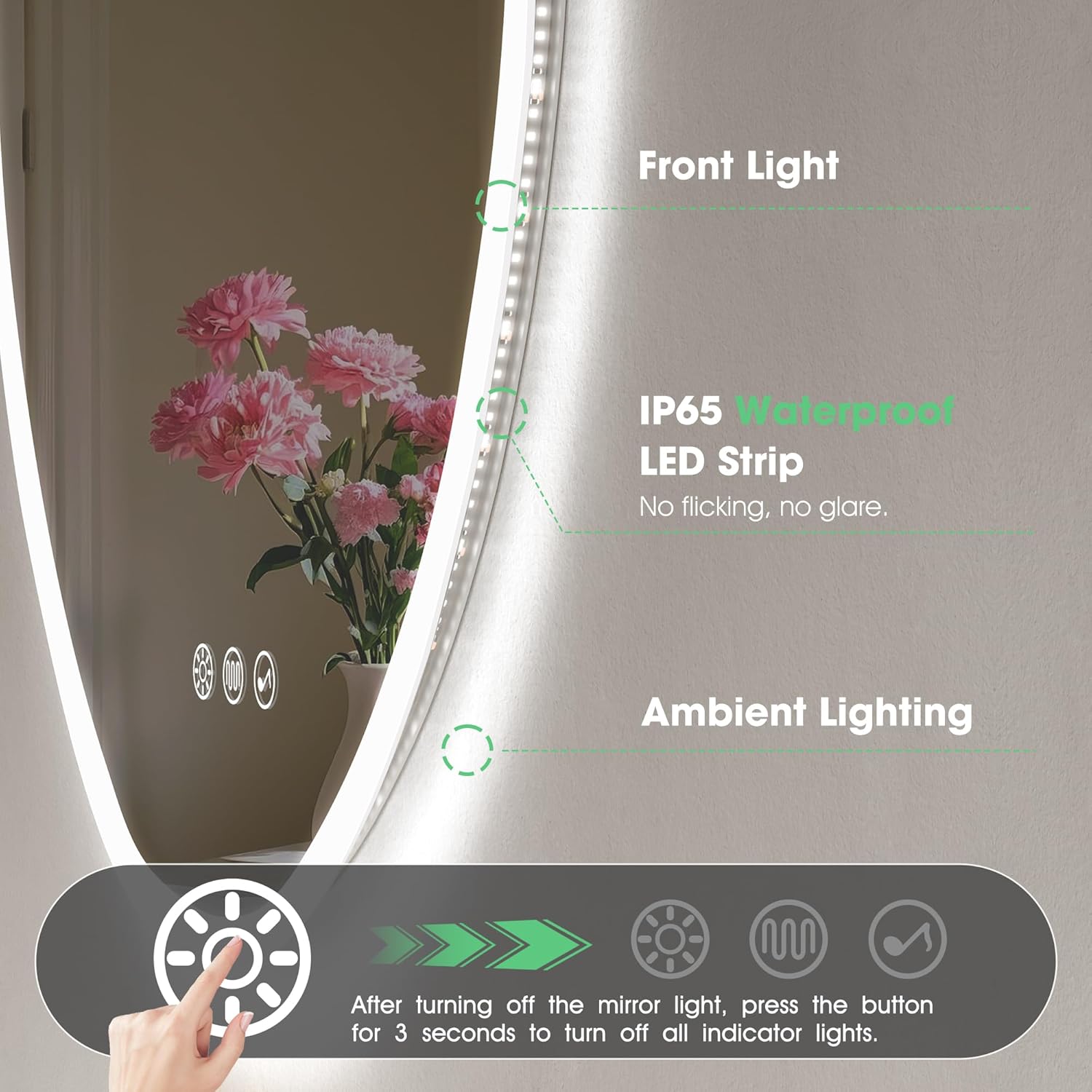 Smart mirror with front light, IP65 waterproof LED strip, and ambient lighting features.