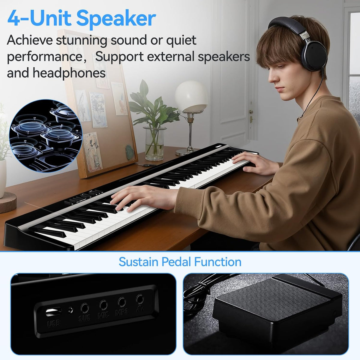 Digital Piano Keyboard 88 Keys Folding Portable Electric Stand Black TERENCE