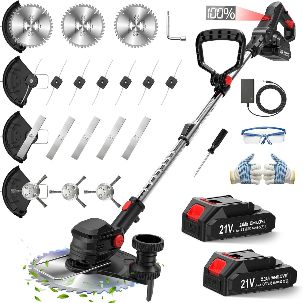 Cordless Strimmer 750W 24000RPM 2x2Ah Batteries Wheels Metal Blades LCD Display