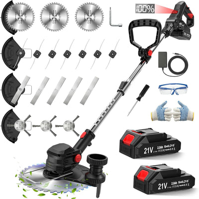 Cordless Strimmer 750W 24000RPM 2x2Ah Batteries Wheels Metal Blades LCD Display