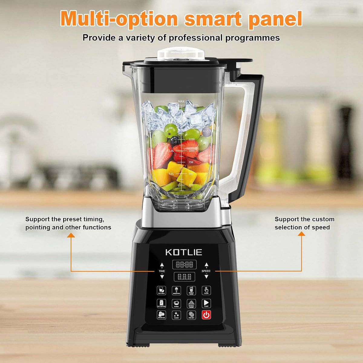 Blender Smoothie Maker 2000W 2L High Speed 8 Presets Ice Crusher Auto Clean Timer