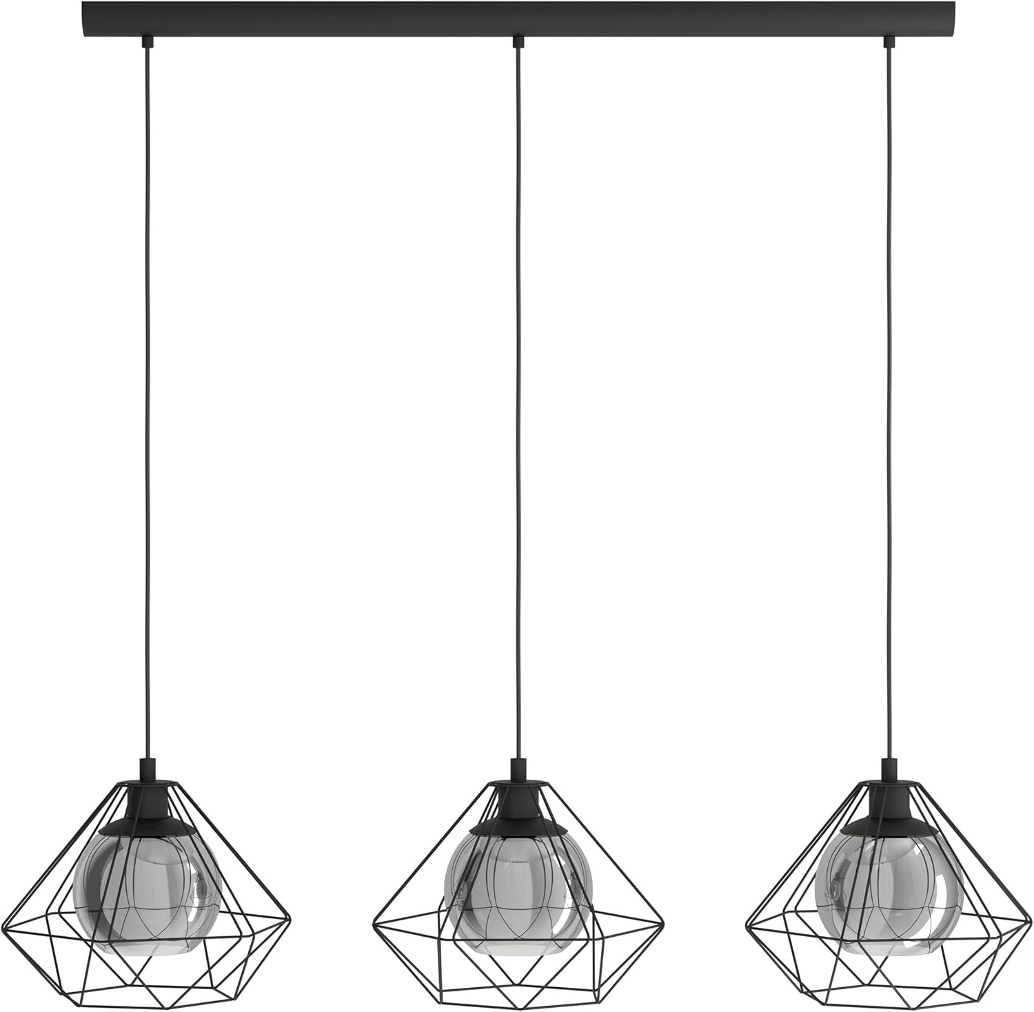 Pendant Light 3 Light Vintage Industrial Smoked Glass E27 Black Eglo Vernham