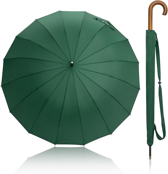 A dark green umbrella shown open on the left and closed with a wooden handle on the right, against a white background with a faint reflection below.