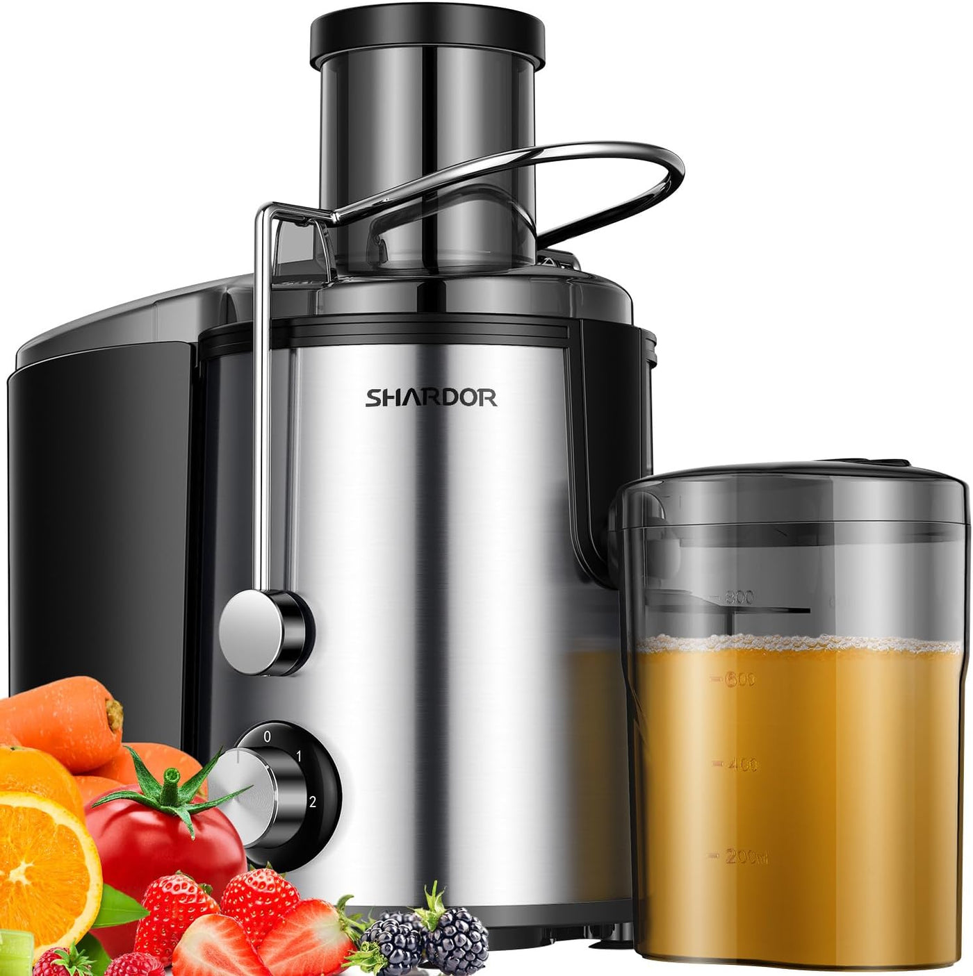 Shardor juicer with a container of juice and fruits on a white background