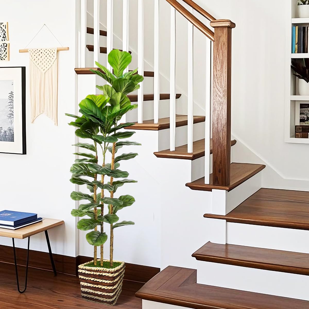 Artificial Fiddle Leaf Fig Tree 150cm Faux Plant Real Wood Trunk Woven Basket