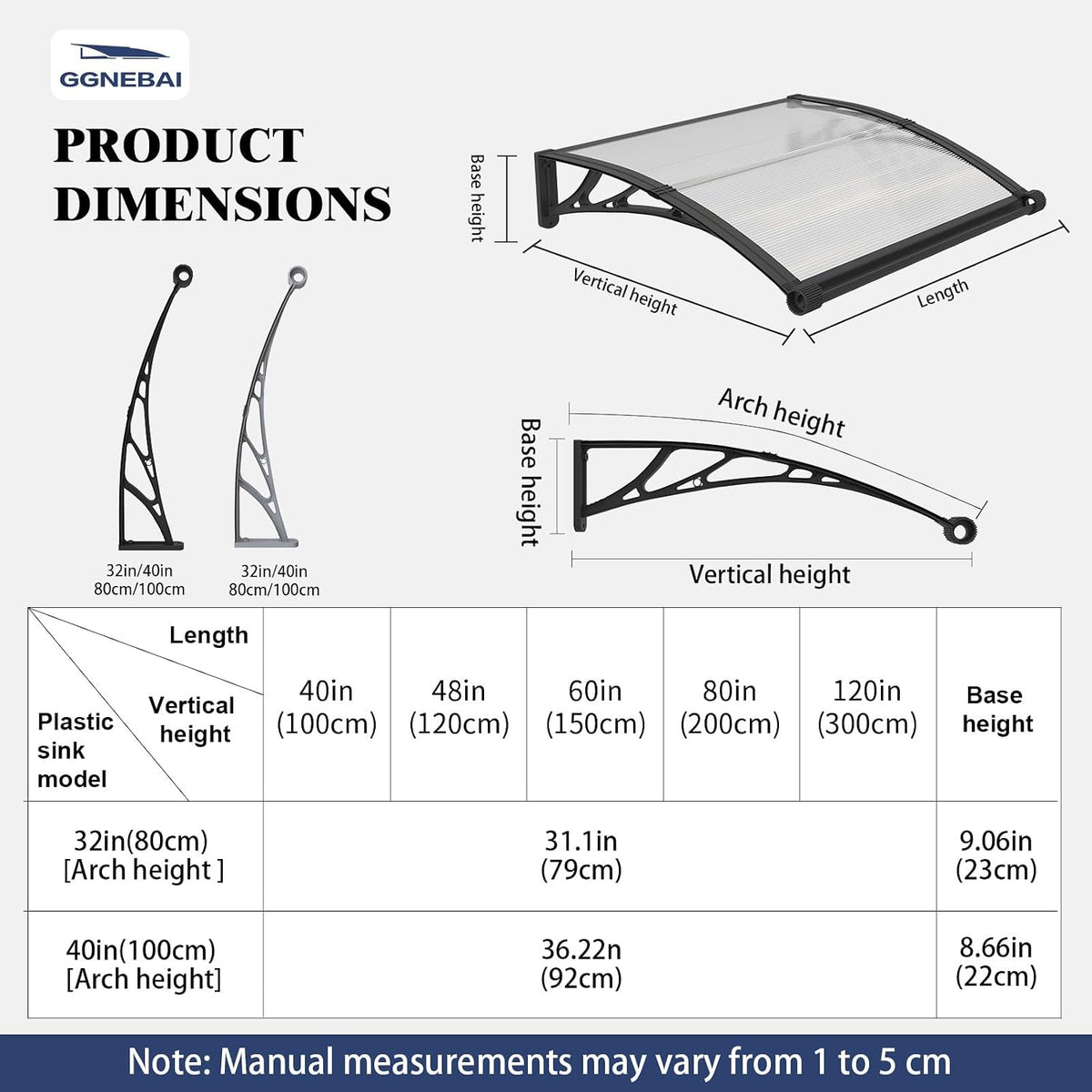 Door Canopy Awning 32 x 80 inch Polycarbonate Aluminium UV Rain Snow Protection