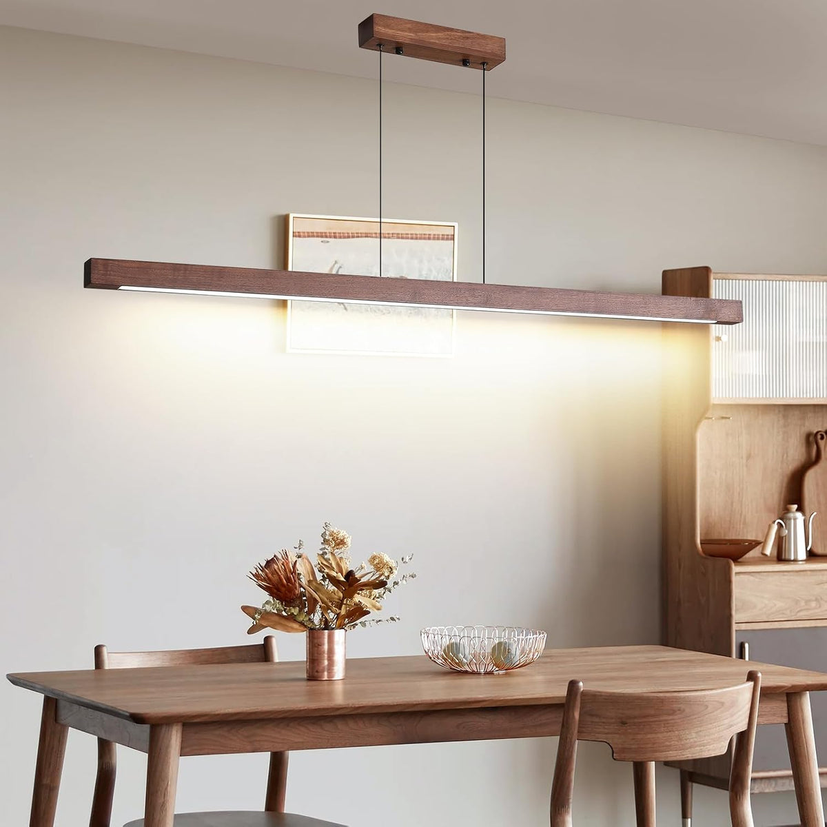 Linear Pendant Light 150cm Walnut Wood Dimmable Kitchen Island LED Mikeru