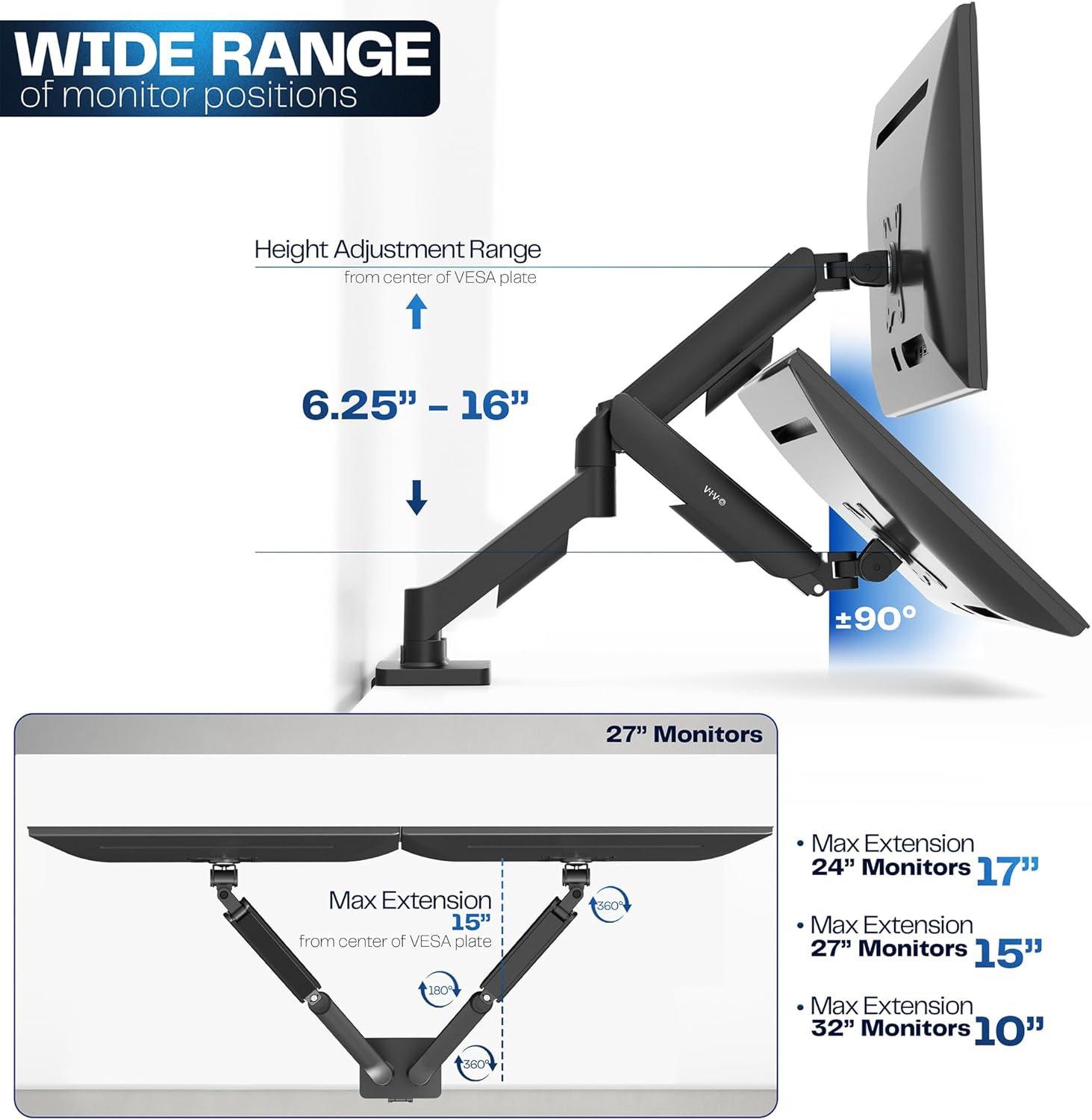 Dual Monitor Desk Mount 32 Inch Pneumatic Adjustable VESA Arms VIVO Classic Stand