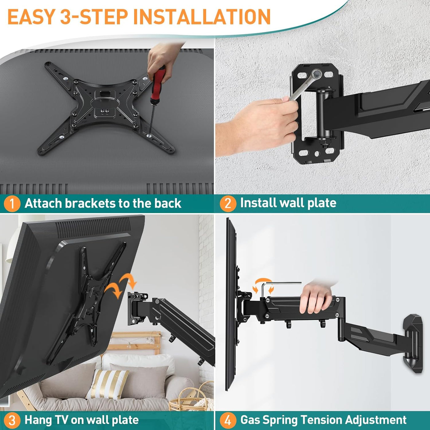 Step-by-step installation guide for a TV mount with text and images.
