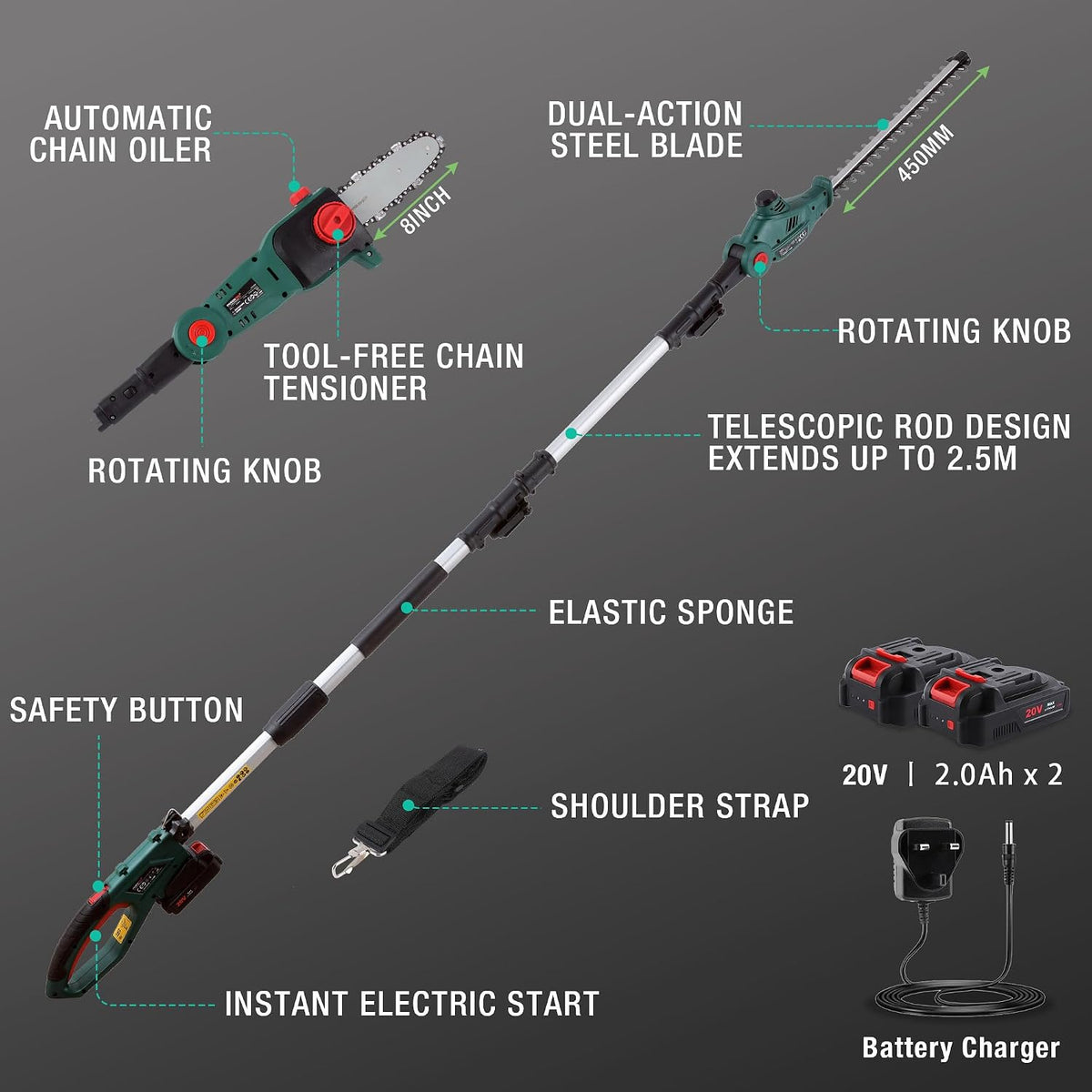 Cordless Pole Saw Hedge Trimmer 20V 2 in 1 2x2.0Ah Batteries POSENPRO Garden Tool