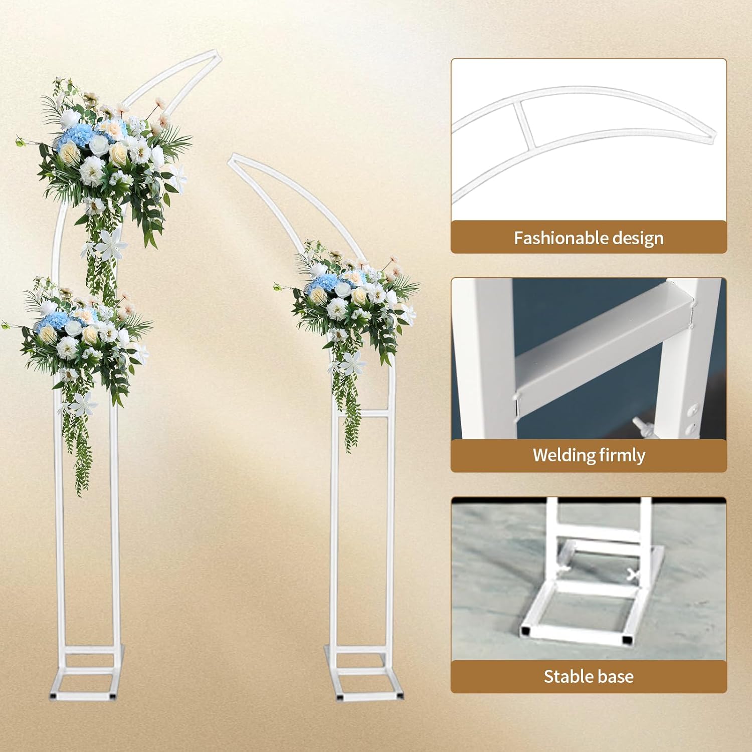 Decorative arch with floral arrangements on a beige background, showing fashionability, firm welding, and stable base.