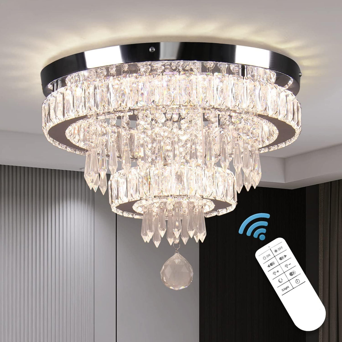 Crystal Chandelier 15.7 Inch Dimmable LED Ceiling Light Remote K9 Flush Mount