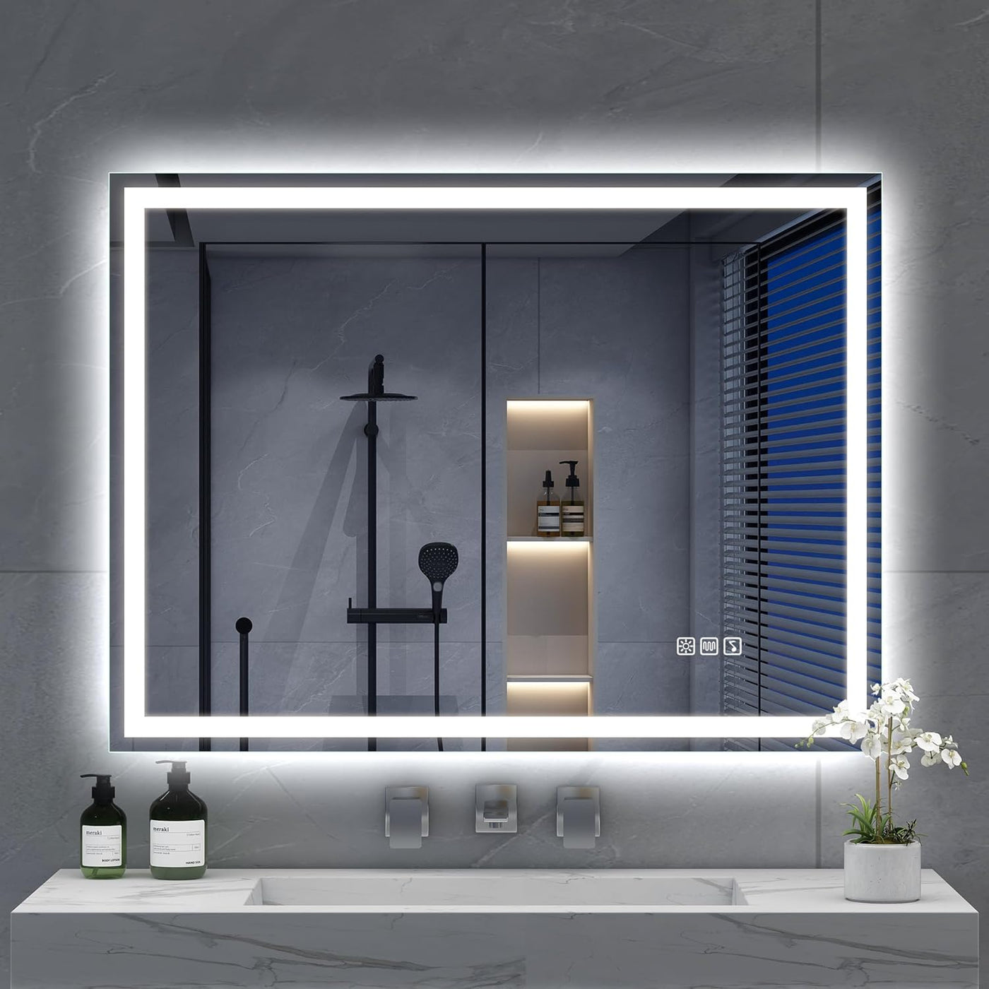 Bathroom vanity with a large illuminated mirror, sink, and decorative elements.