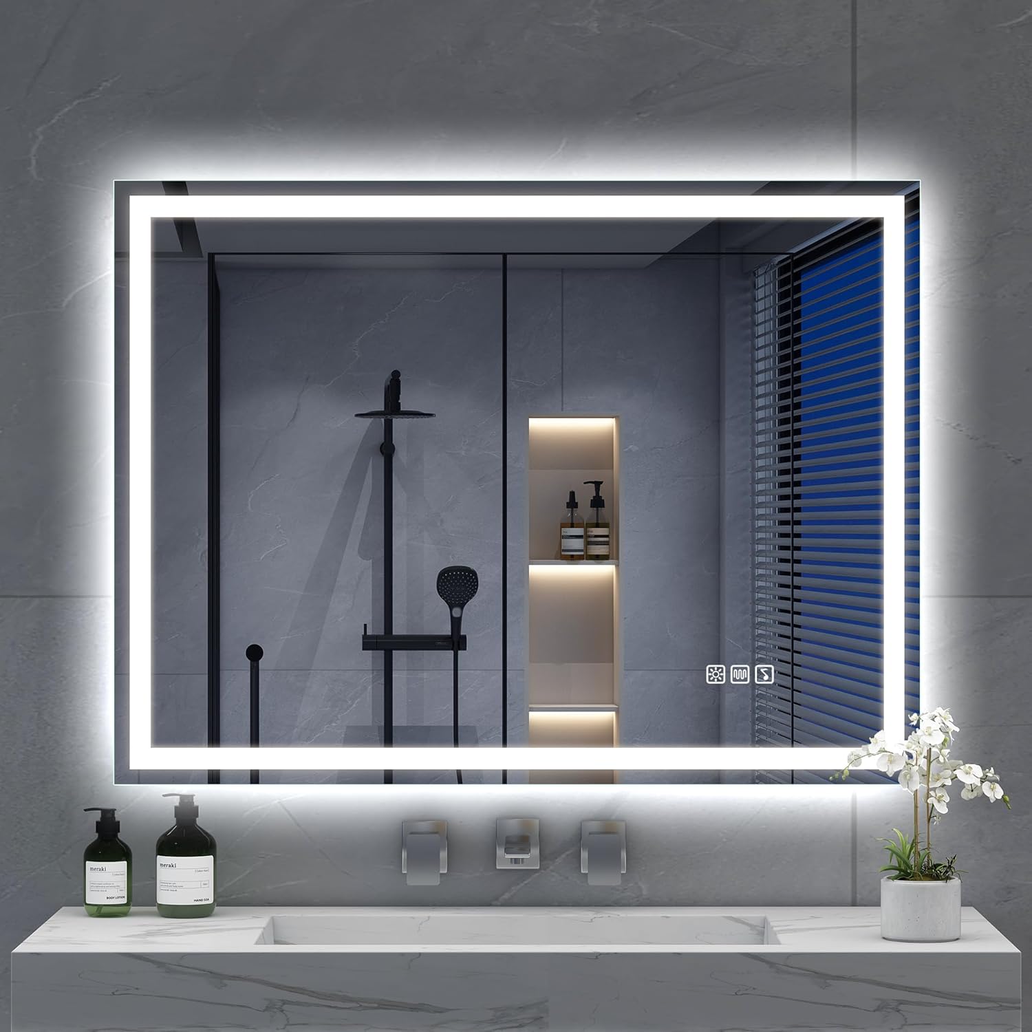 Bathroom vanity with a large illuminated mirror, sink, and decorative elements.
