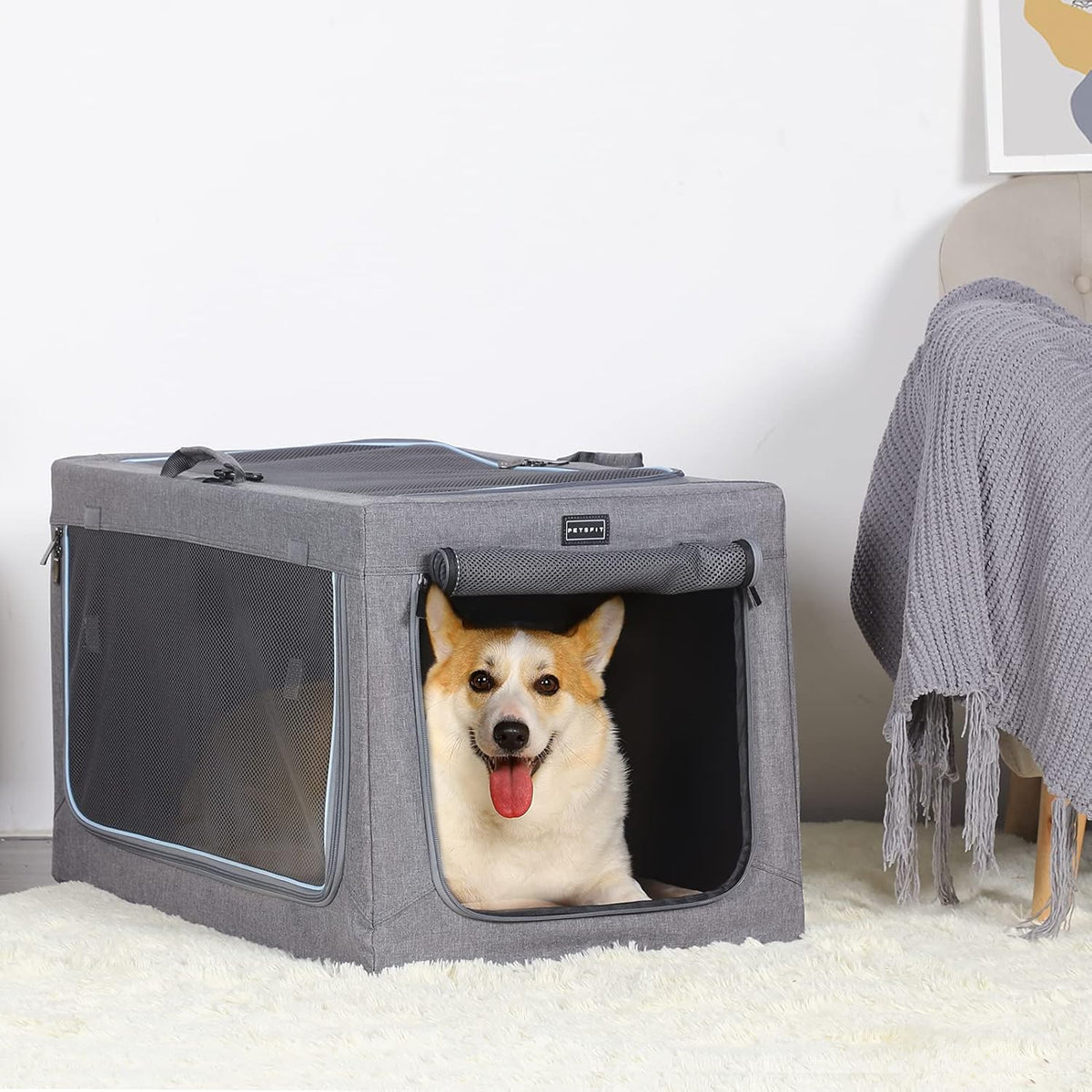 Portable Dog Crate 76x50x49cm Foldable Soft Pet Carrier Mesh Doors Grey Petsfit