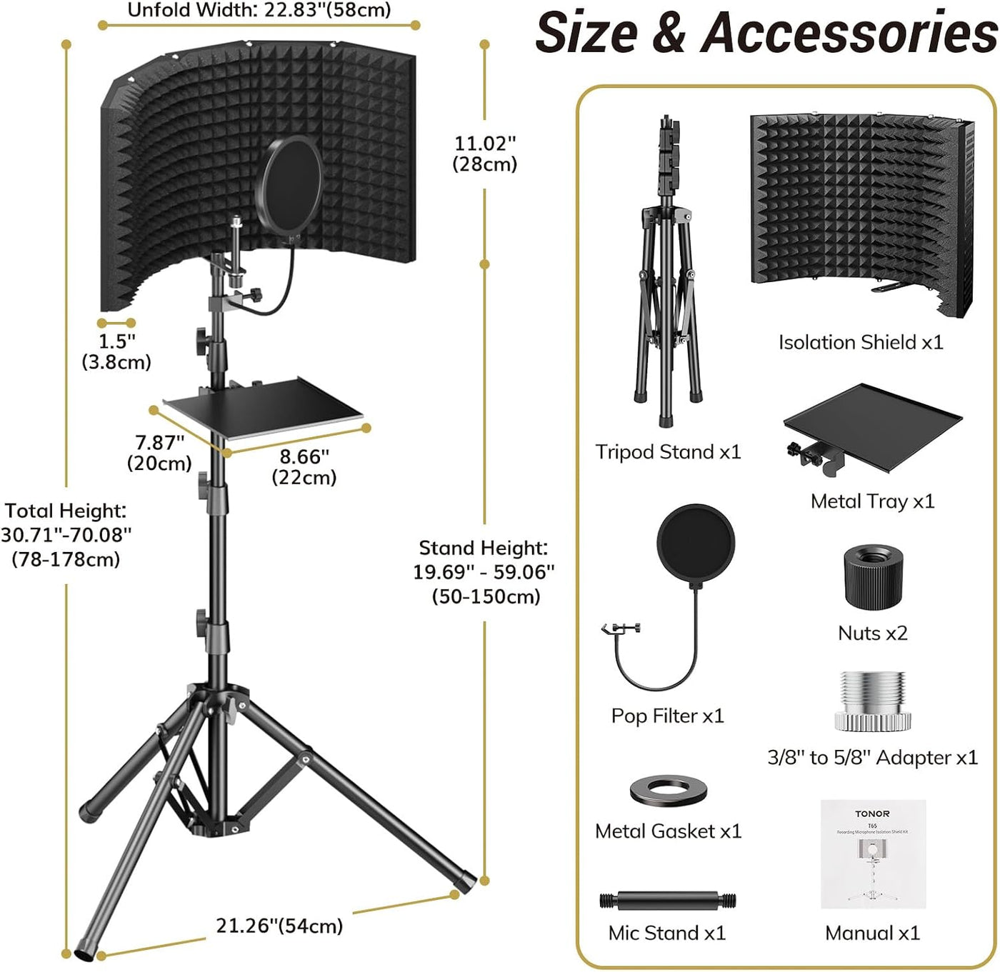 Microphone Isolation Shield Foam Pop Filter Tripod Stand Foldable TONOR Studio Kit