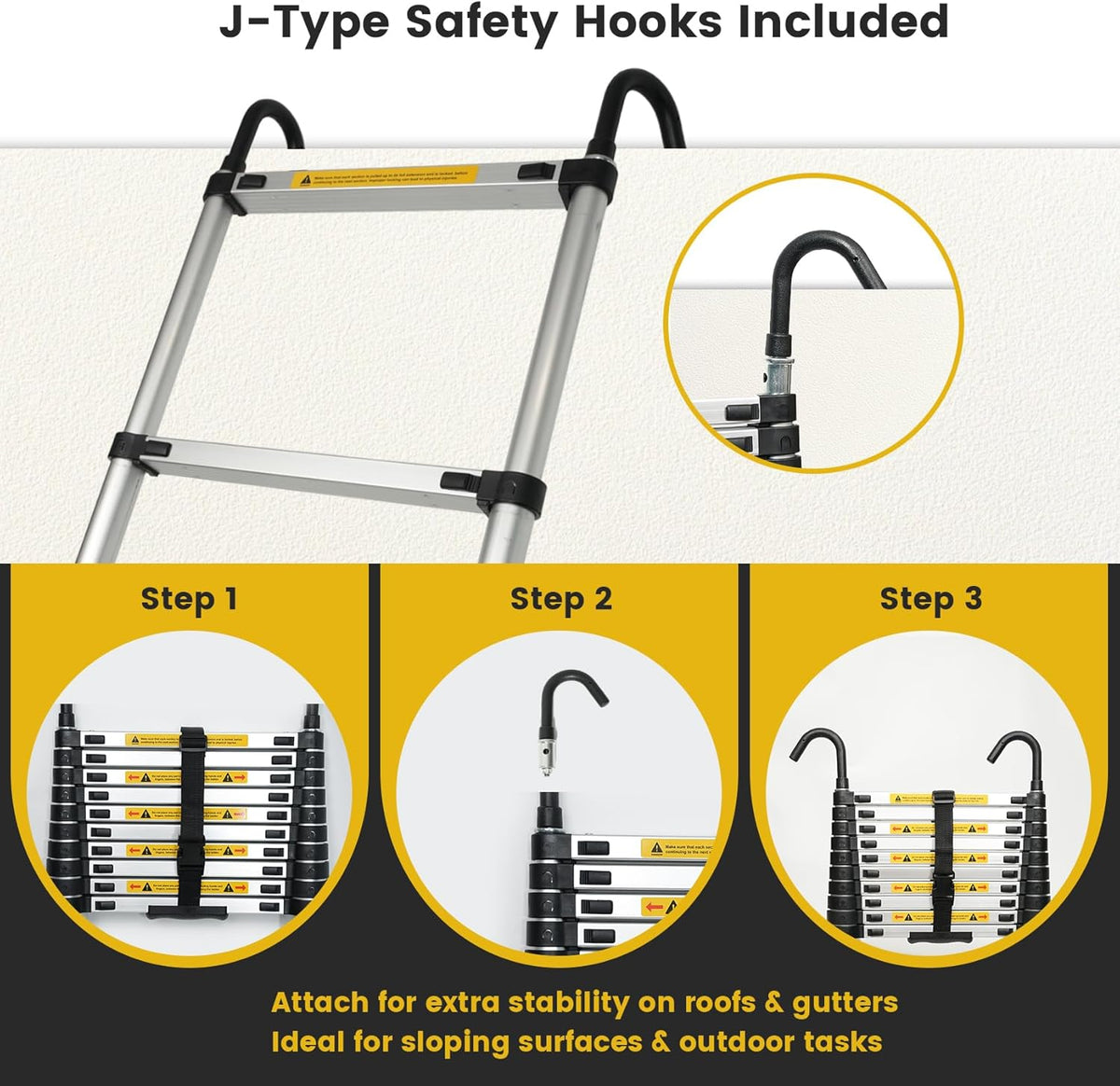 Telescopic Ladder 3.8m Aluminium Extension Stabiliser Bar Hooks EN131 Portable