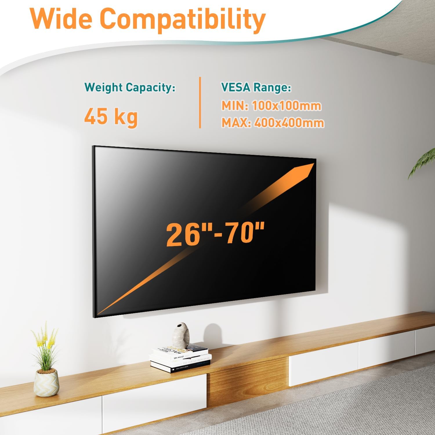 Wall-mounted TV with compatibility specifications on a white wall.