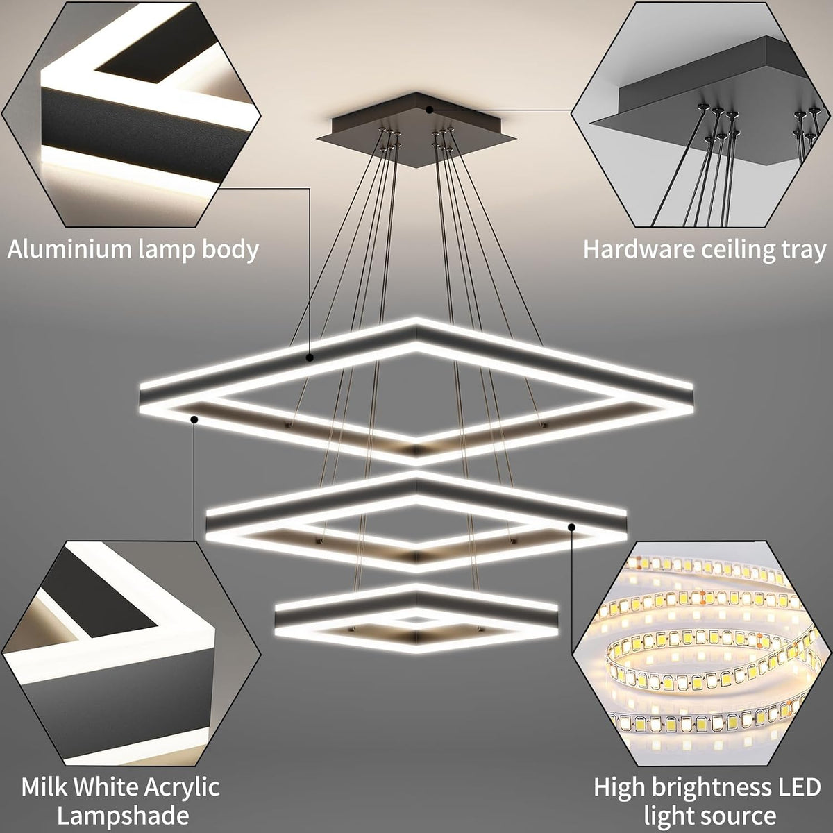 LED Pendant Light 3 Tier Square Black Dimmable Adjustable Chandelier Modern