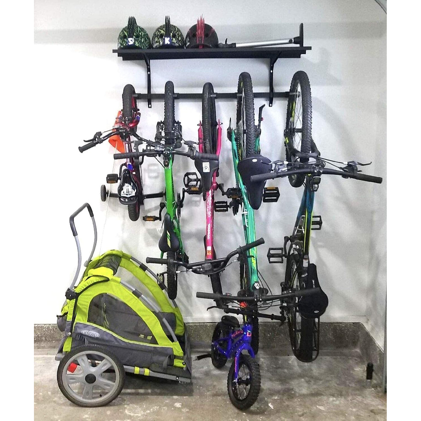 5 Bike Storage Rack with Shelf, 135kg Capacity, Adjustable Wall Mount Organizer