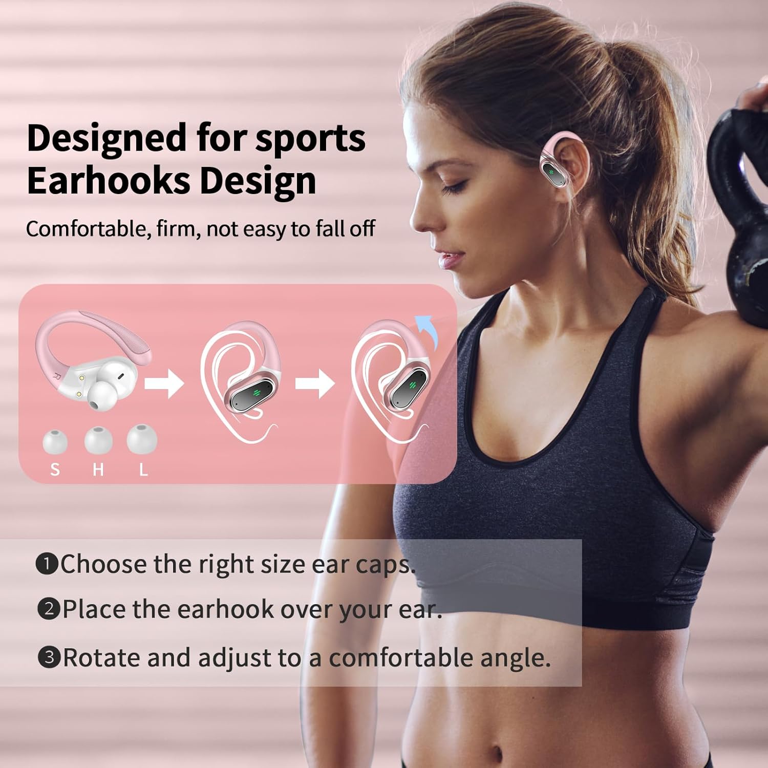 Woman exercising with wireless earbuds highlighted, showing earhook design and size chart.