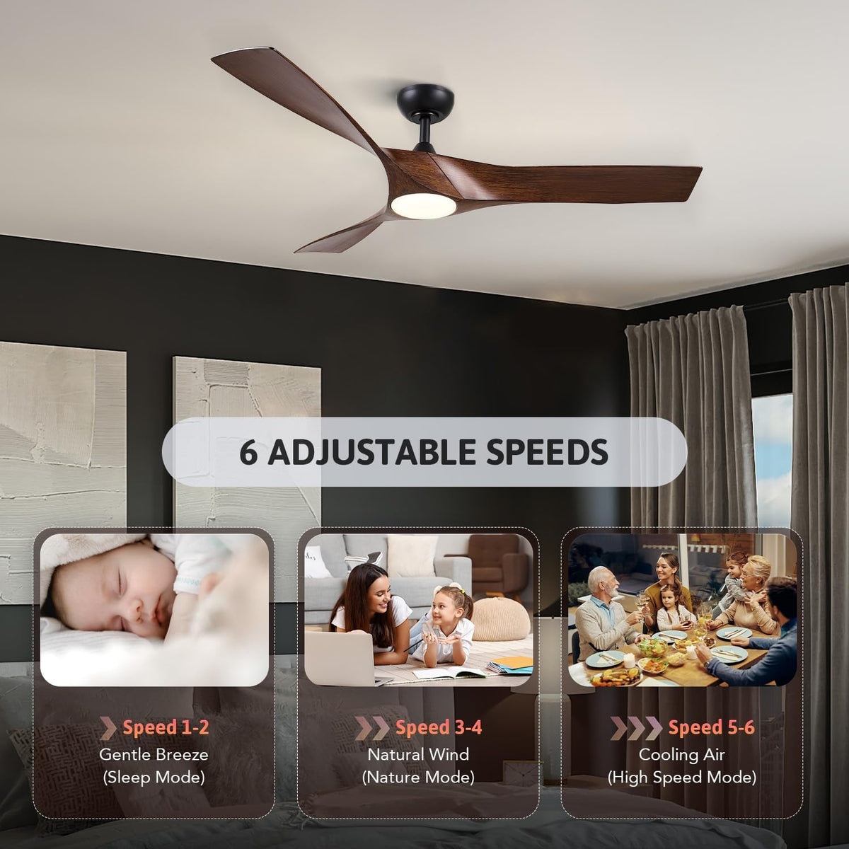 Ceiling Fan with Light 52 Inch Remote Dimmable Reversible DC Motor VONLUCE Walnut