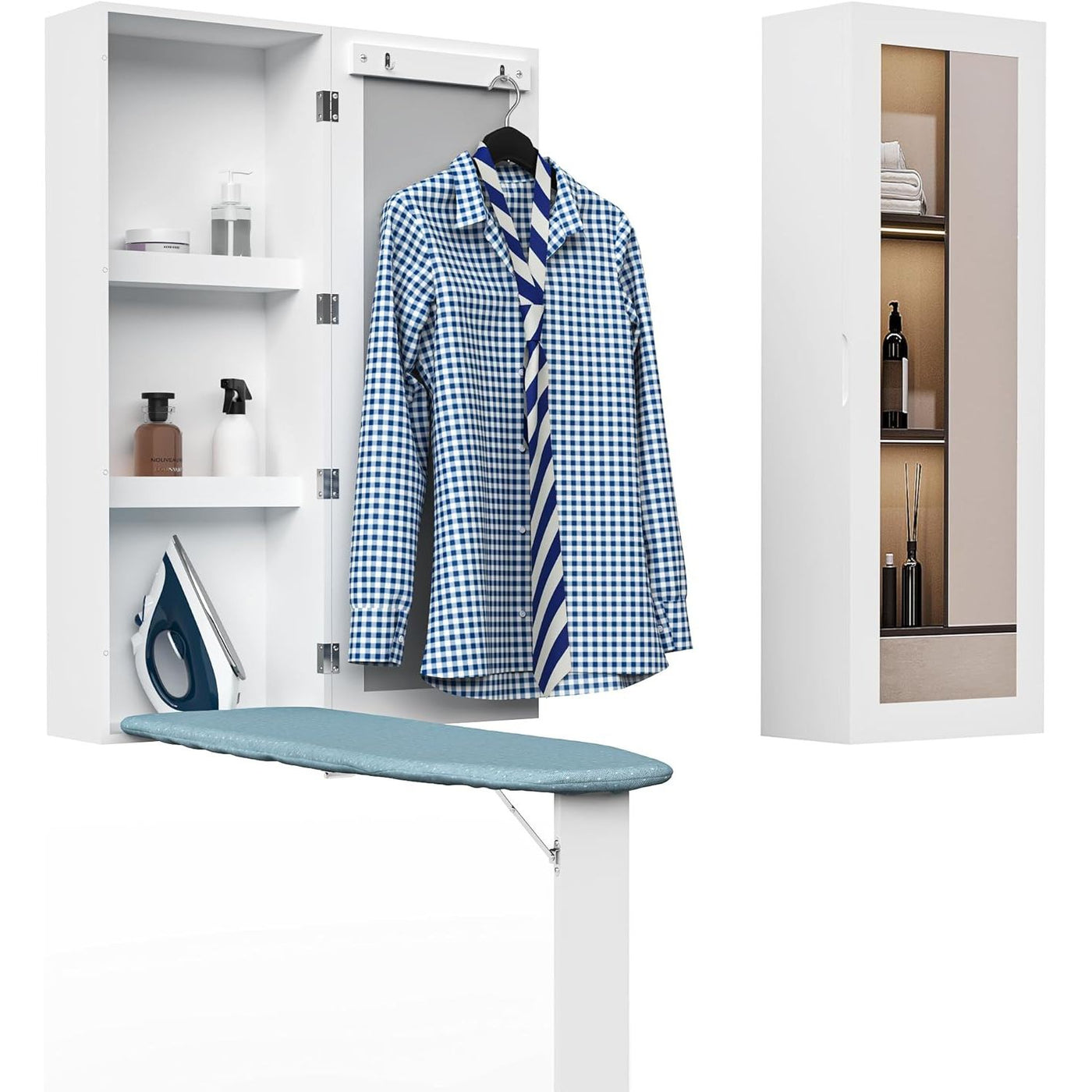 Wall Mounted Ironing Board Cabinet Foldable Iron Storage Mirror Space Saving