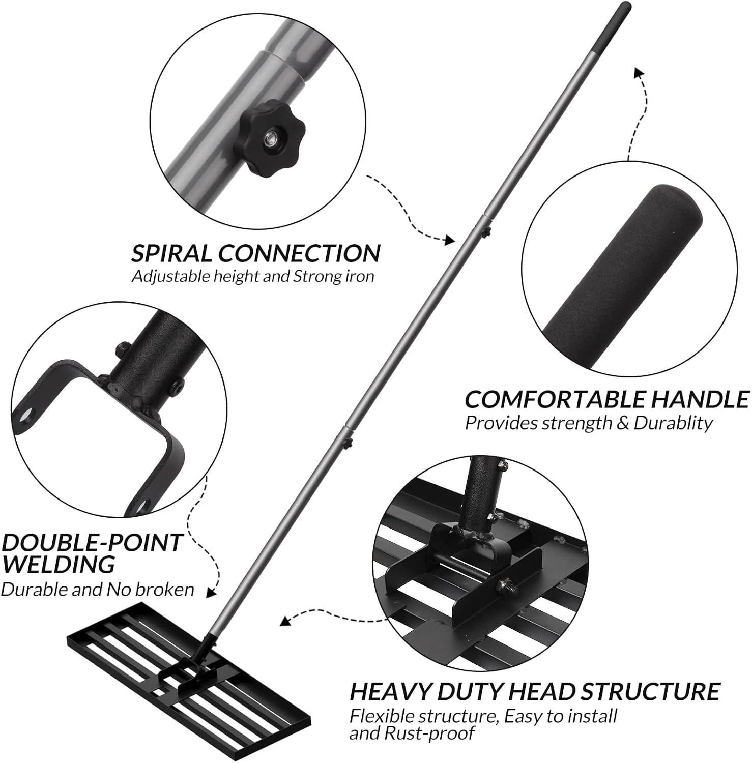 Black garden rake with features highlighted on a white background