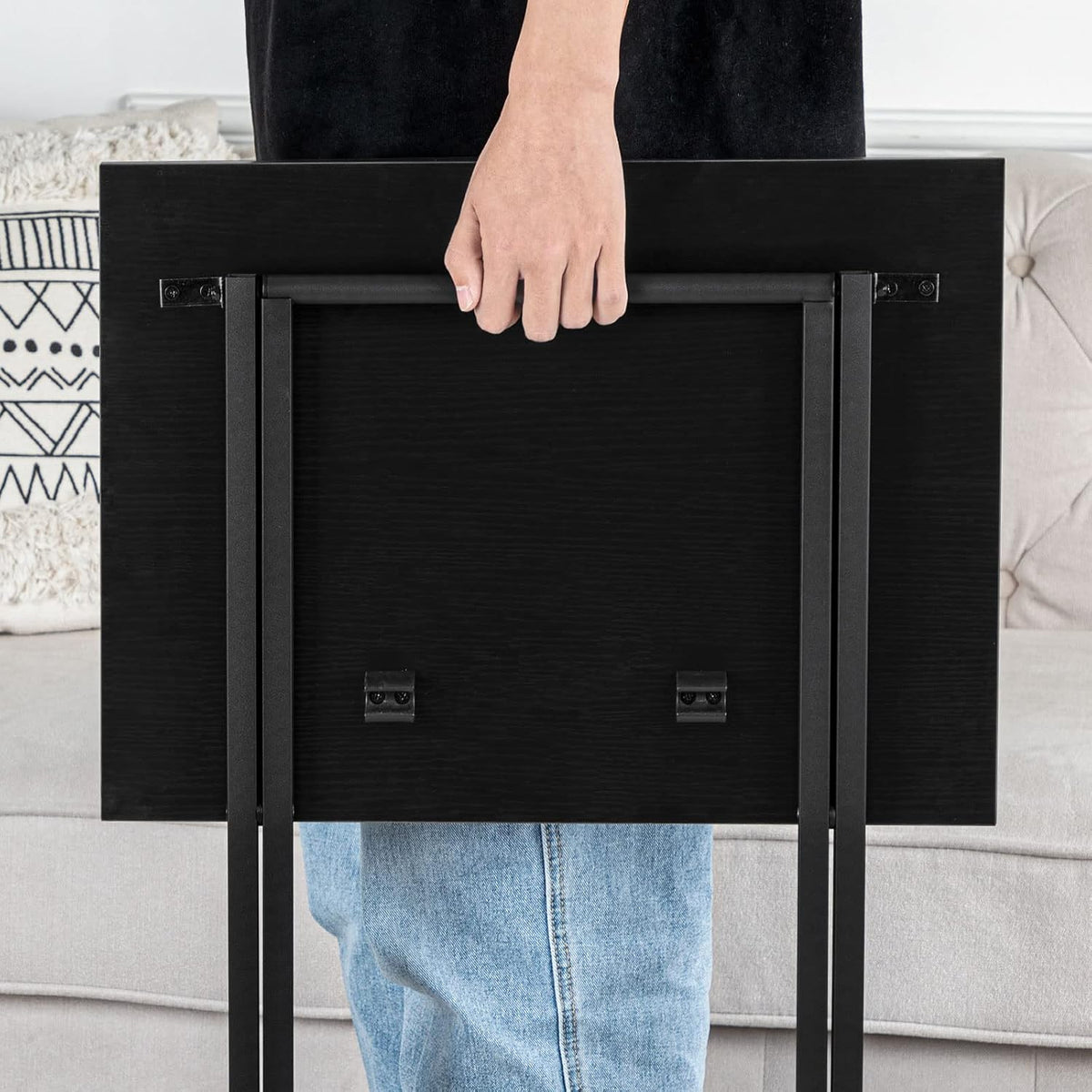 Folding TV Tray Tables Set of 2 Black Metal Frame Sofa Laptop Tables HOOBRO