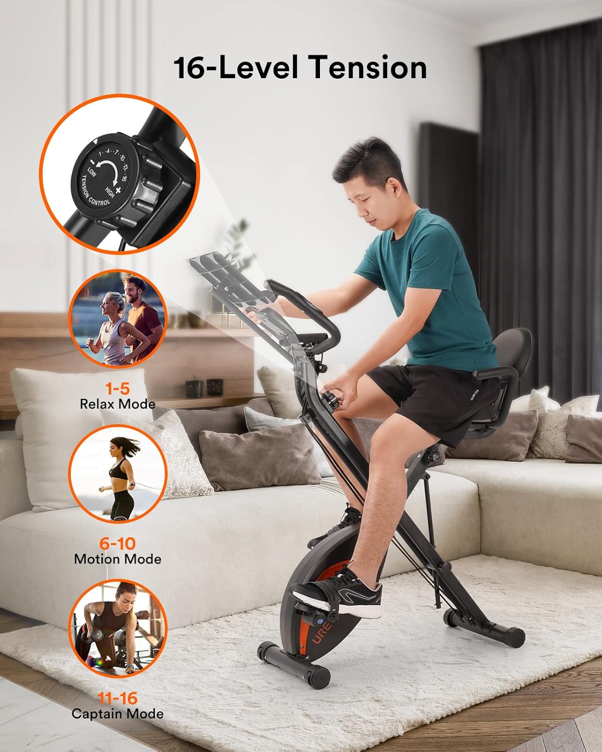 UREVO Foldable Exercise Bike, 330 LBS Capacity, 16 Resistance Levels, Backrest