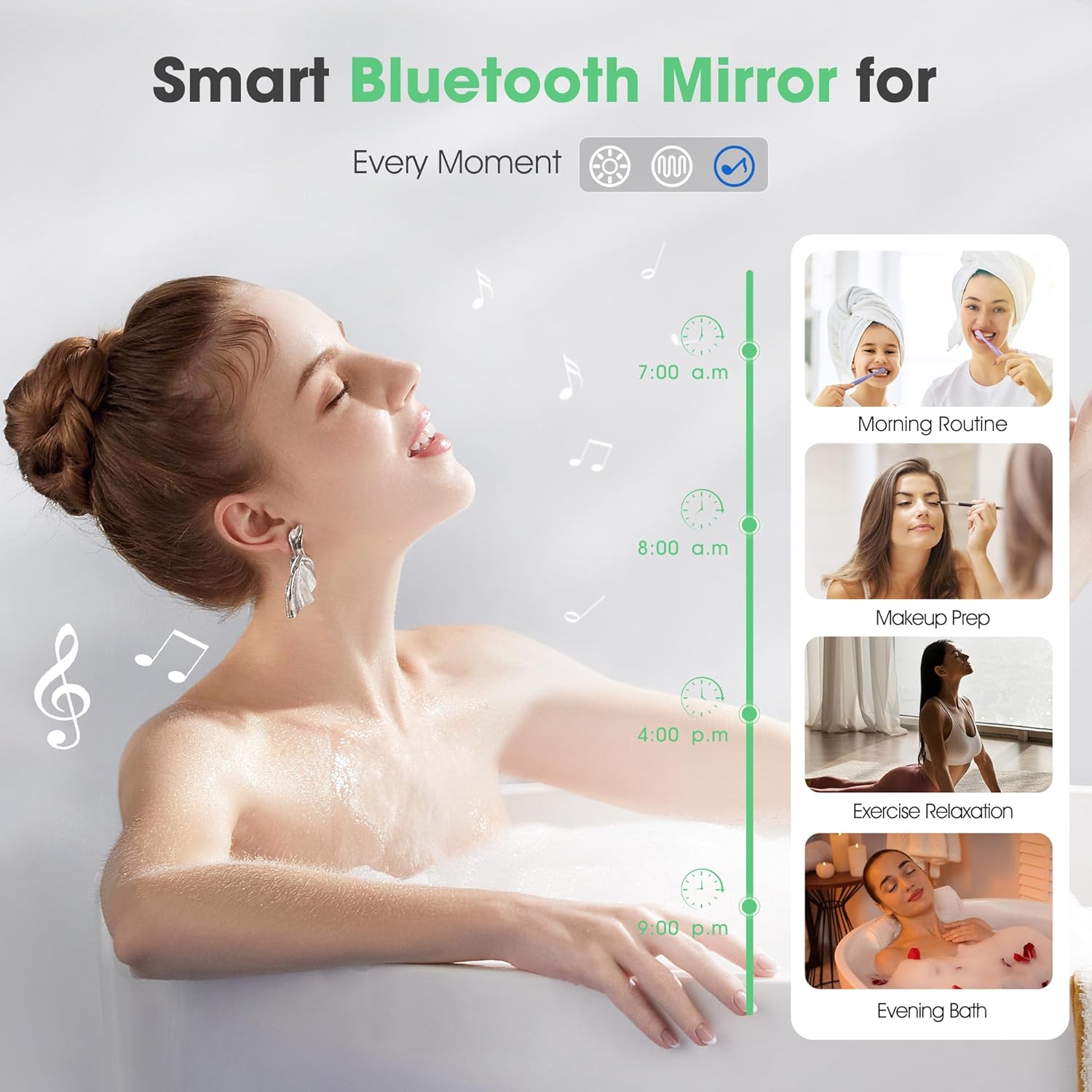 Smart Bluetooth mirror with a woman in a bath and app interface on a white background