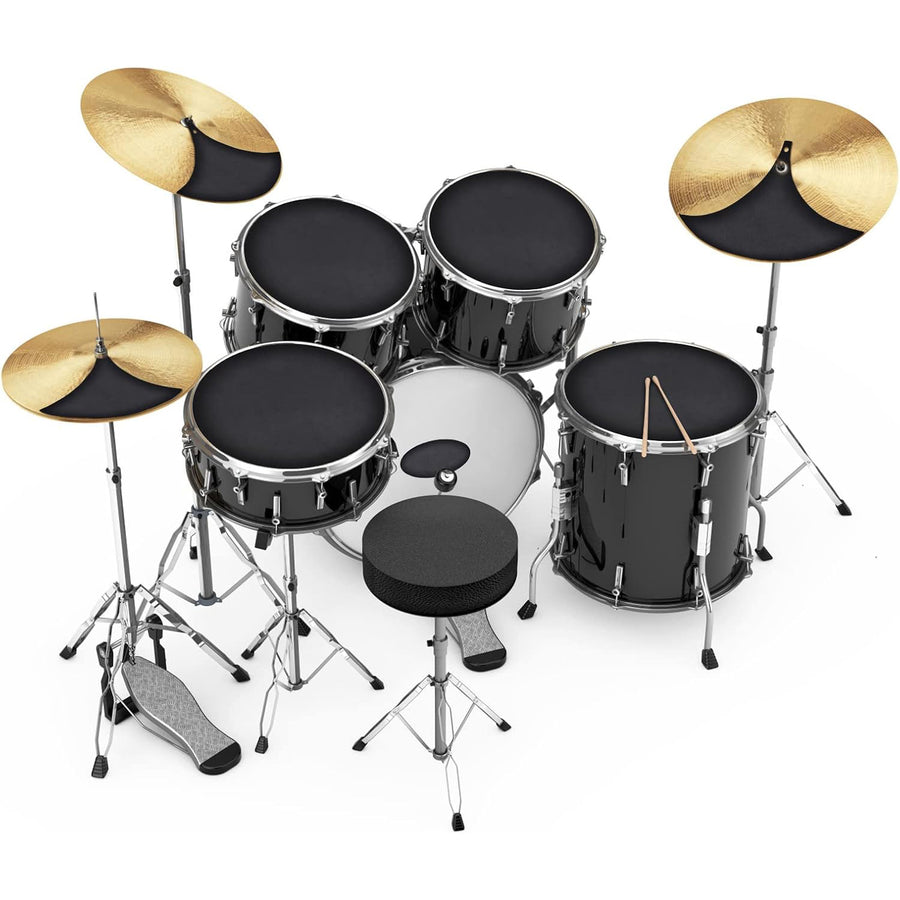 10-piece drum mute pads kit with various sizes for full drum set coverage. 5mm thick for effective noise reduction. High-quality foam for durability and easy installation.