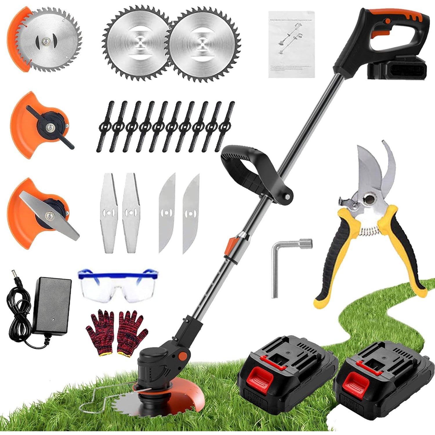 Cordless grass trimmer, 20,000 RPM motor, adjustable telescopic pole, 3 blade types for trimming, mowing, and cutting. Lightweight, eco-friendly, and easy to use.