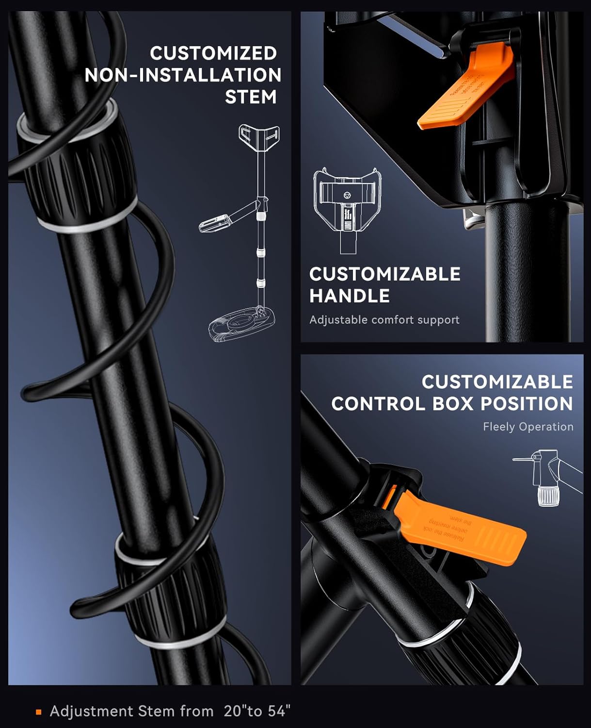 Illustration of a customizable bike stem with handle and control box position features on a dark background.