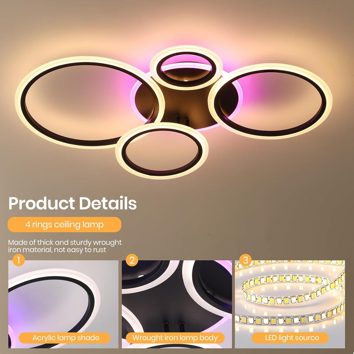 LED Ceiling Light 50W Dimmable Remote 3000-6000K Flush Mount Modern Home Lighting