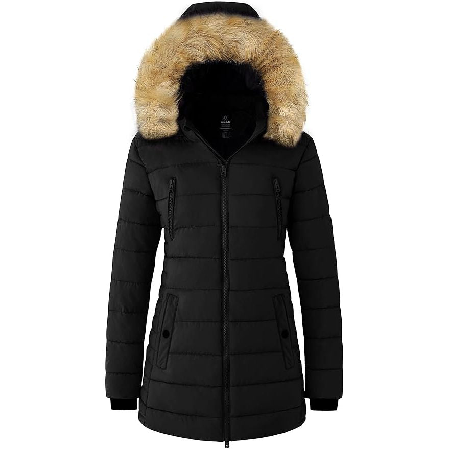 Black winter coat with a fur-lined hood on a white background