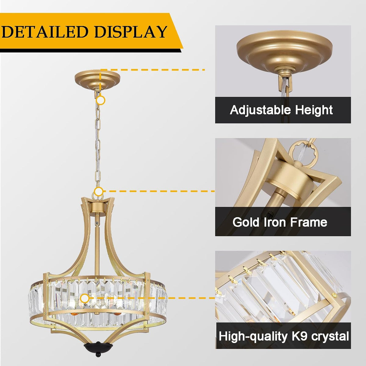 Crystal Chandelier 5 Light Gold Drum Pendant Adjustable Height Modern Ceiling