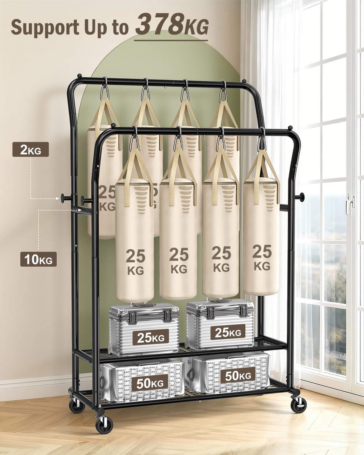Heavy Duty Clothes Rail 378kg Double Rod Wheels Shelves Hooks Black EAGMAK Rack
