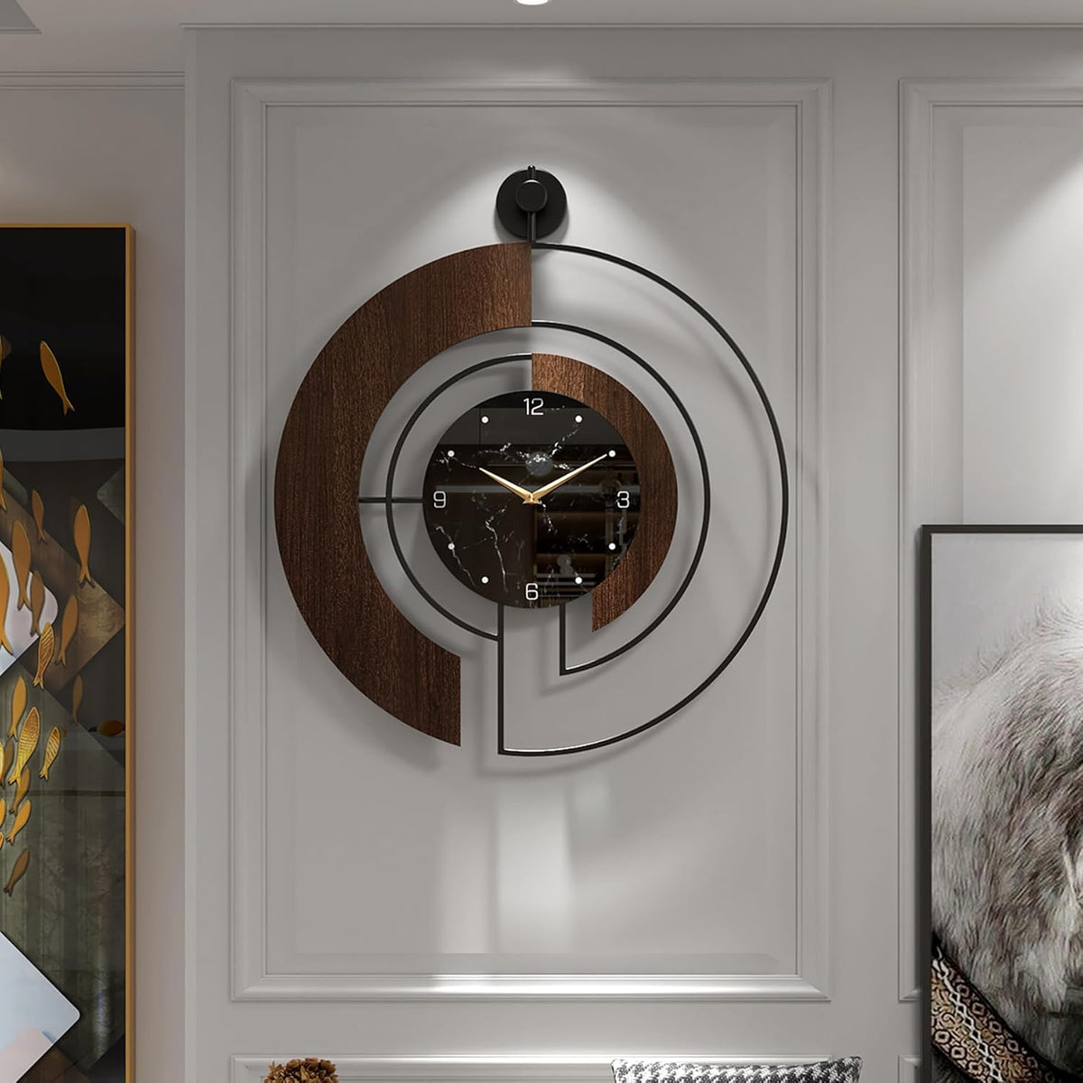 Wall Clock 50cm Walnut Marble Dial Silent Non Ticking Wood Metal Frame Modern